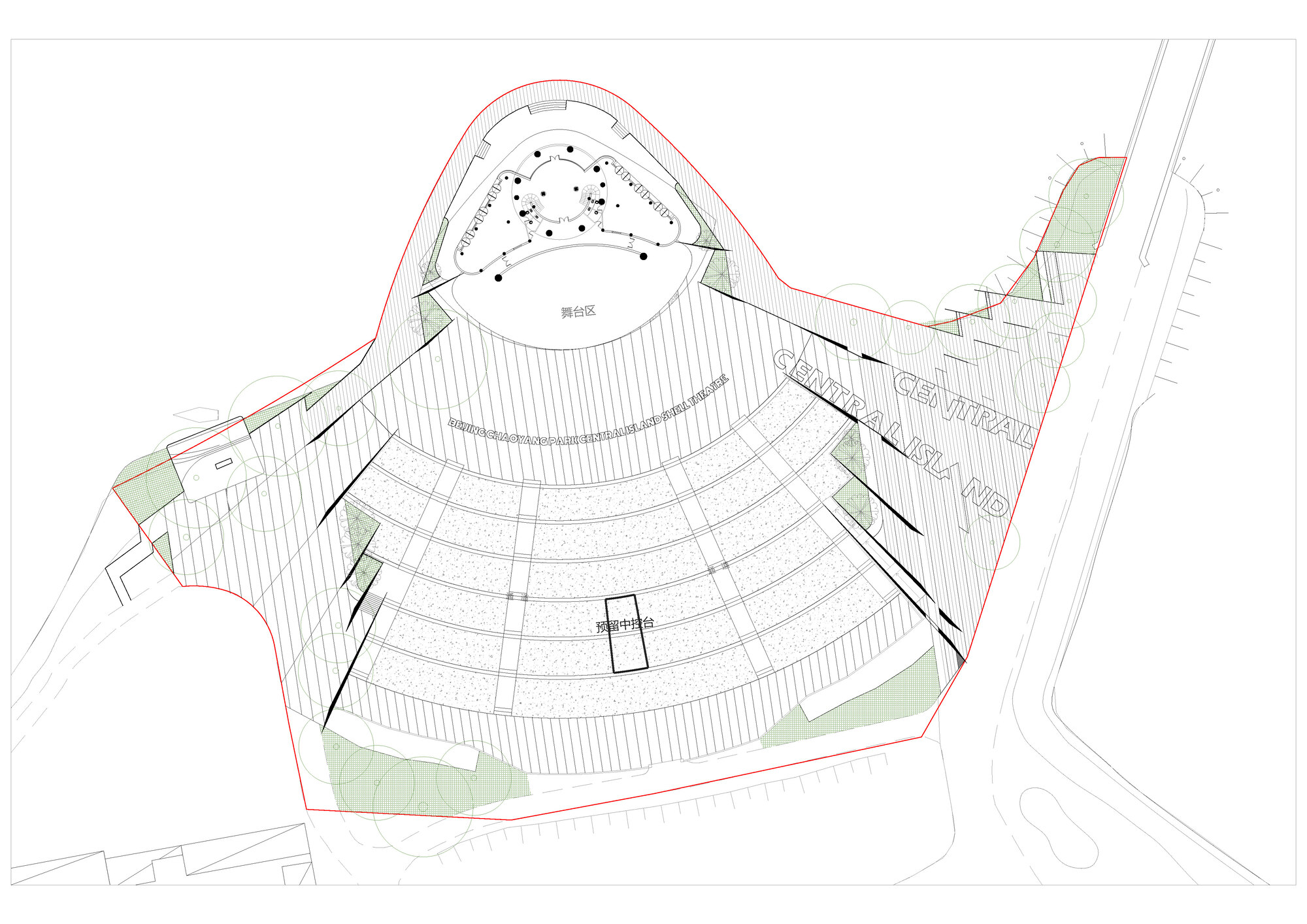 Plan drawing of the amphitheatre with striped paving, green planting patches and lettering across the surrounding terraces