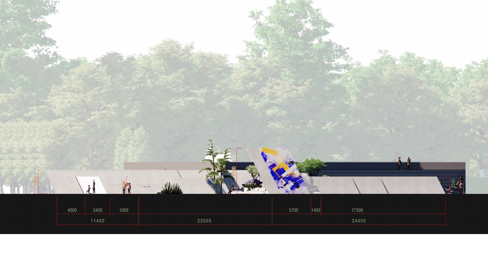 Section drawing of a low sloped-wall pavilion with dimension lines, a tilted panel of blue and yellow art and visitors, set against hazy trees