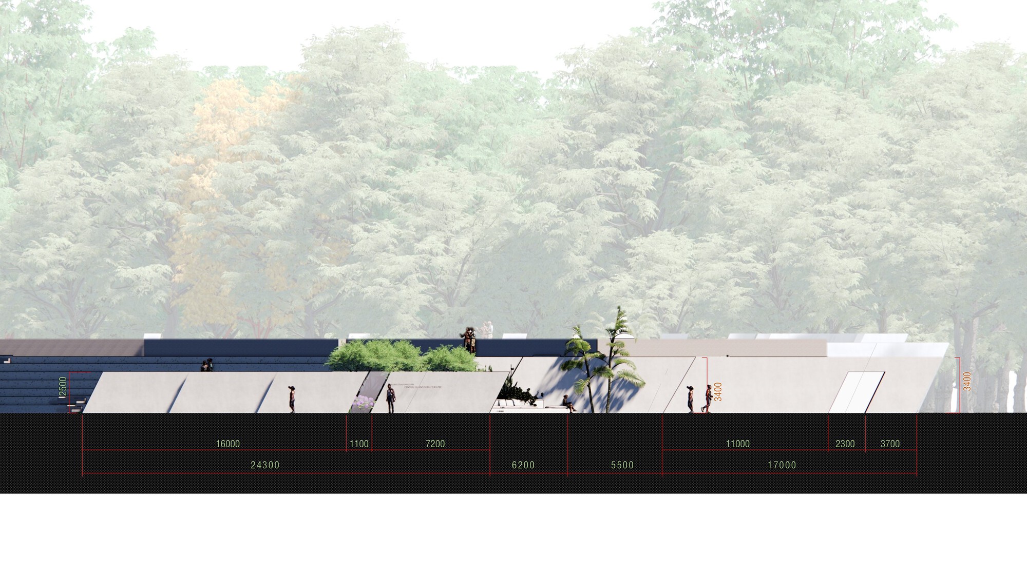 Section drawing of angled concrete wall segments beside tiered seating and planted greenery, with dimension lines and small figures walking beneath tall trees