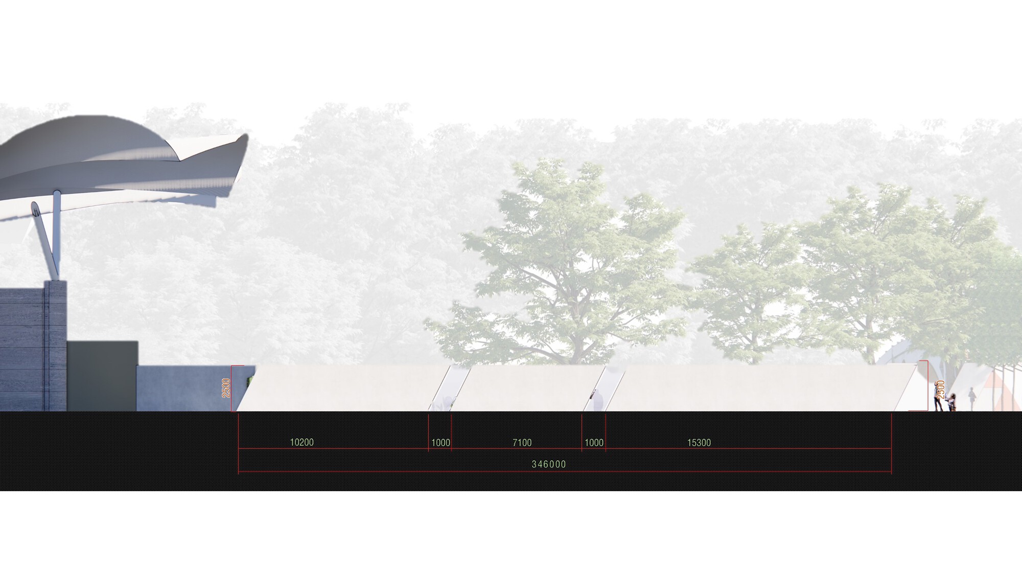 Elevation drawing of a long run of slanted wall panels beside a canopy-roofed stage building, with dimension lines under hazy trees