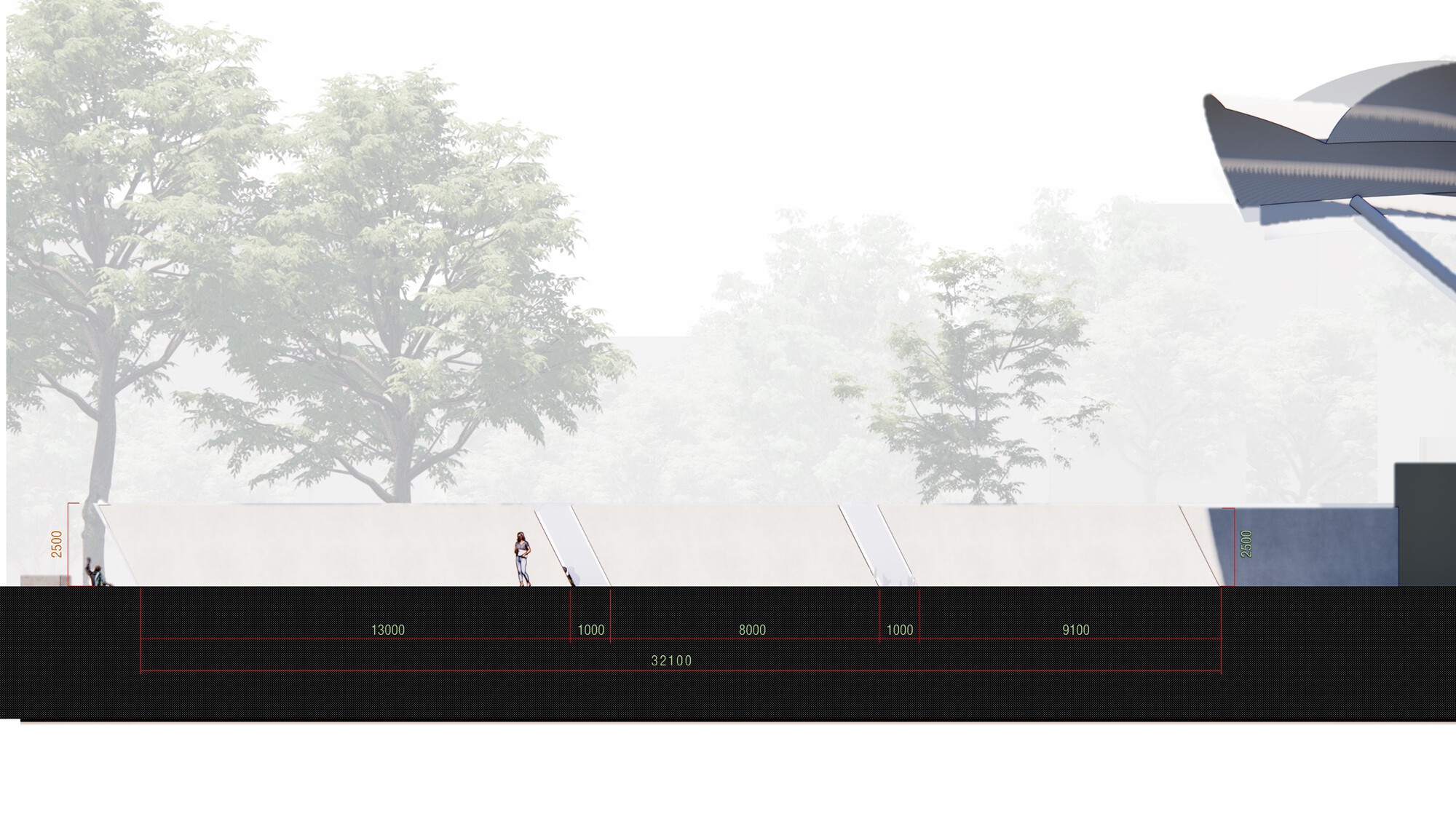 Elevation drawing of slanted wall panels with a single figure walking, dimension lines below and a tensile canopy edge at upper right