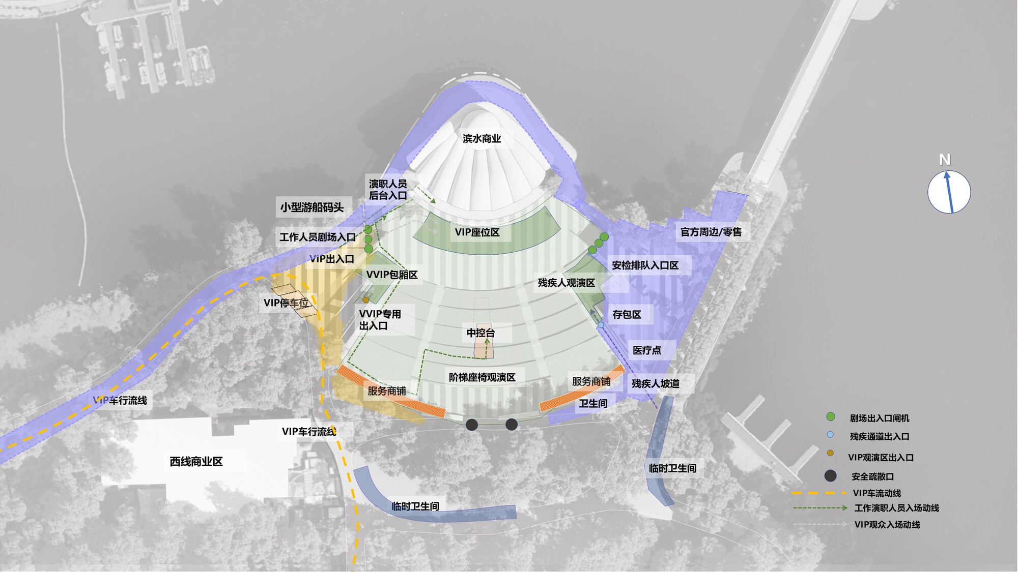 Colour-coded site plan drawing of a fan-shaped tiered amphitheatre beside the water, showing circulation routes, VIP zones, entrances and service areas