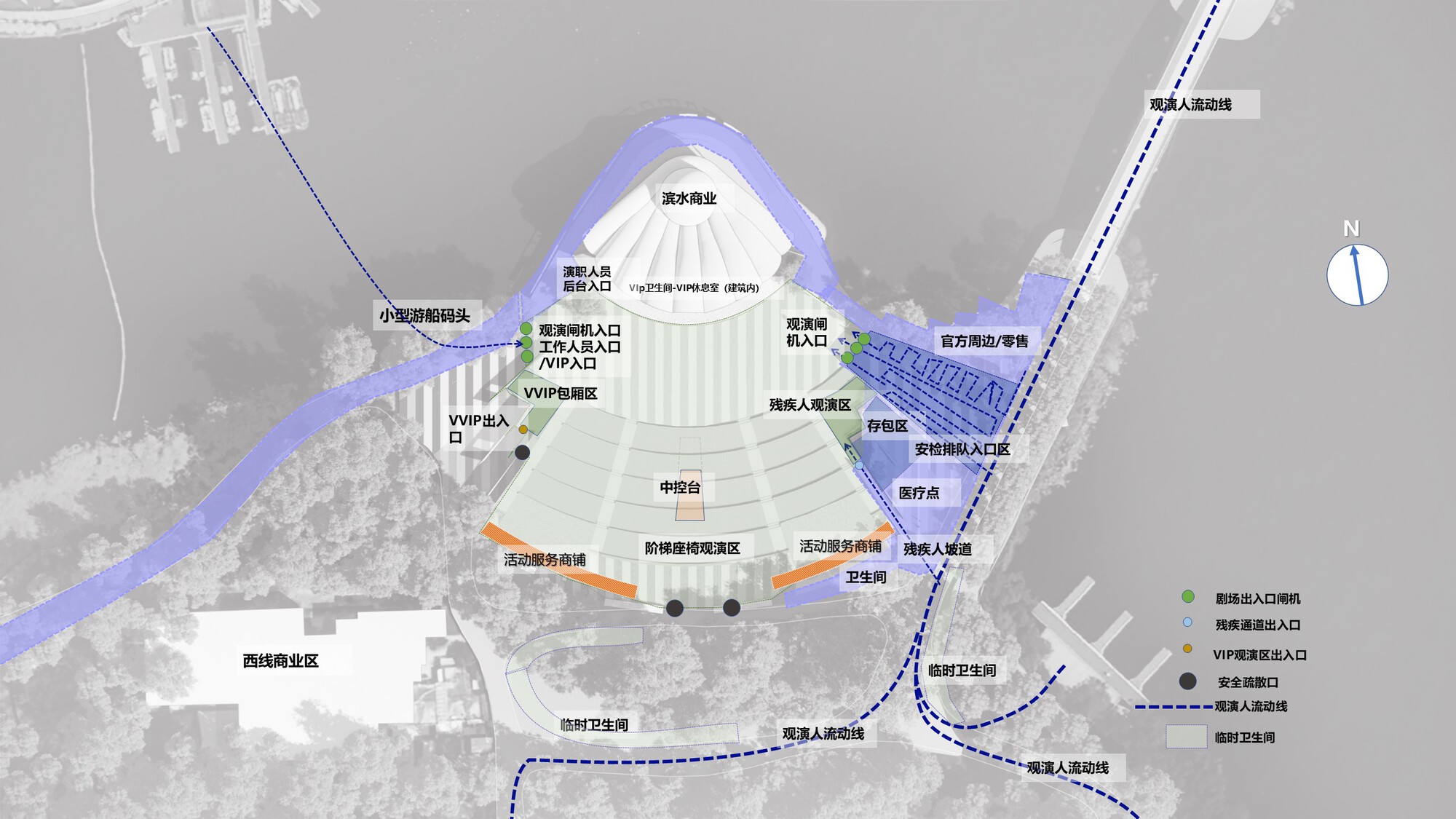 Site plan drawing of the shell-roofed amphitheater showing audience entrances, VIP zones and visitor circulation routes in blue over a grey lakeside base