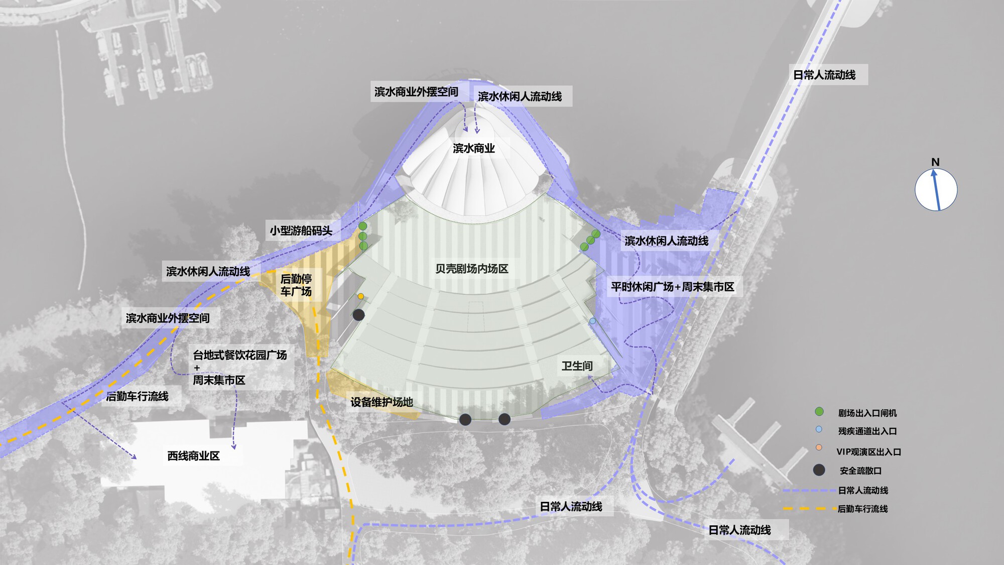 Site plan drawing showing waterfront promenades, a market plaza, service yard and logistics routes around the fan-shaped amphitheater and its lakeshore