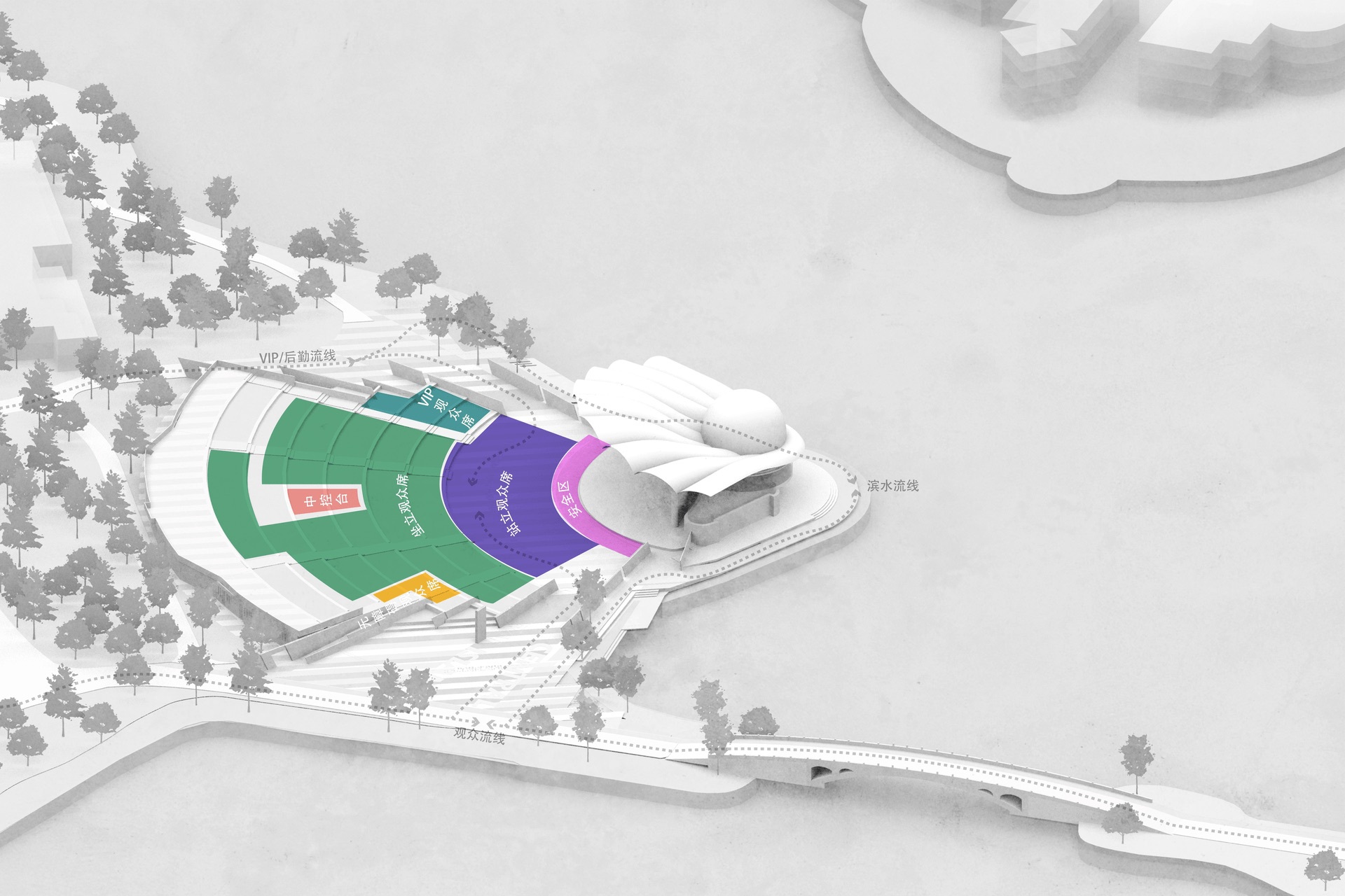Axonometric drawing of the amphitheater with seating zones colored green, purple, teal and pink beside the white shell roof and a bridge
