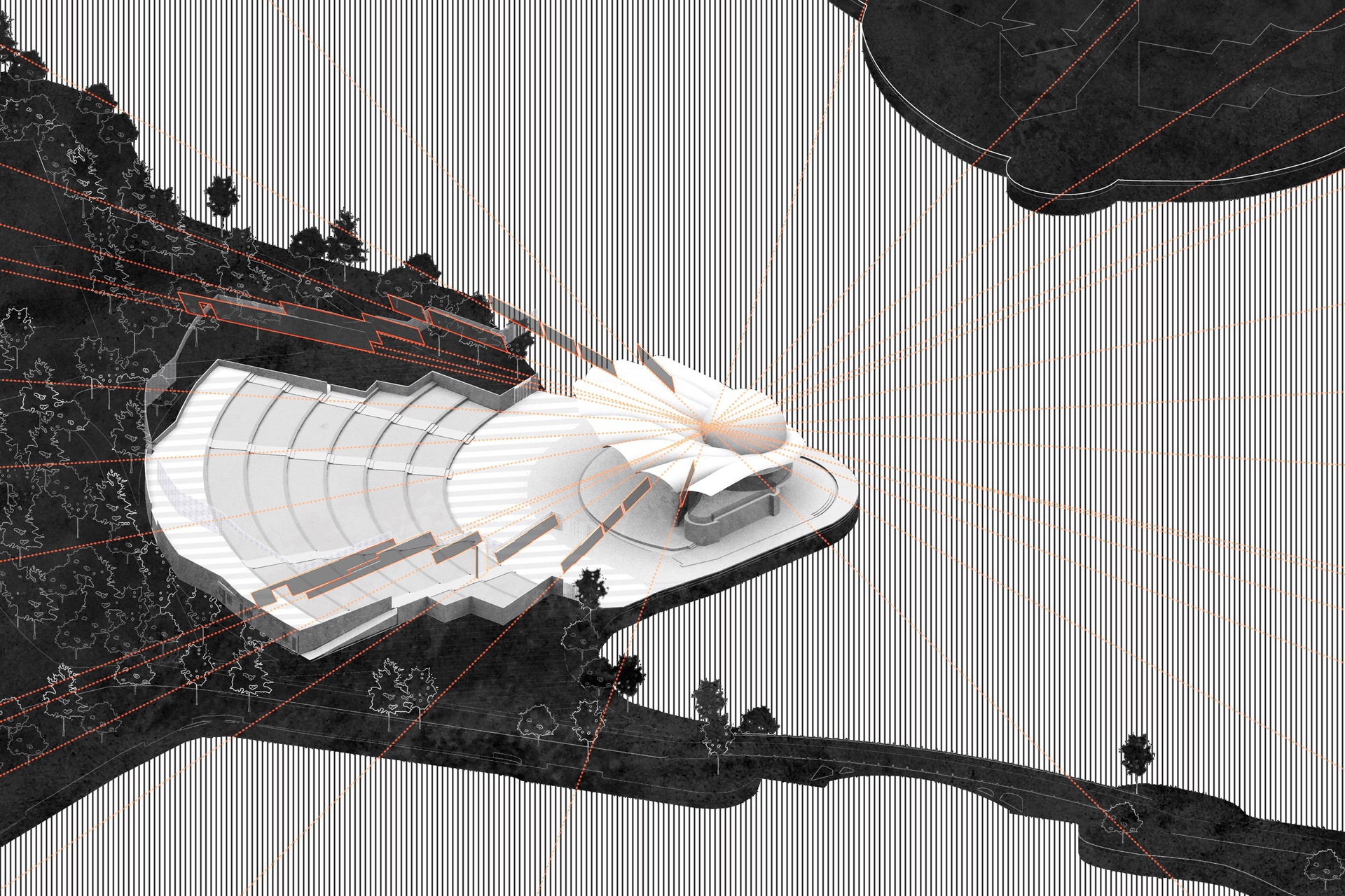Axonometric diagram with orange sightlines radiating from the stage roof across the seating bowl, set against dark terrain and striped water
