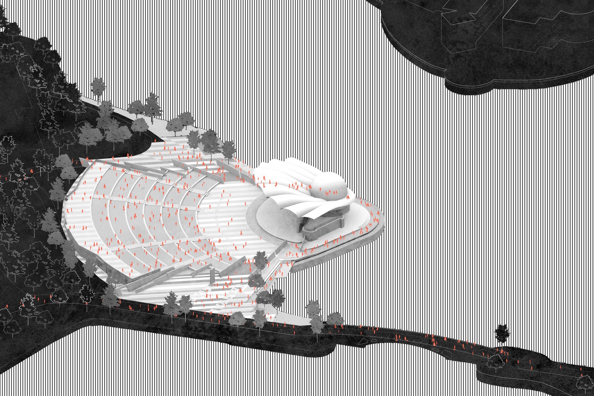 Axonometric diagram scattering small orange figures across the tiered seating and entry plaza, with dark wooded terrain and striped water around