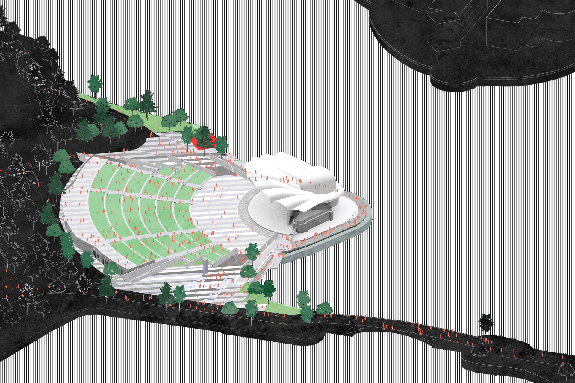 Aerial axonometric drawing of a terraced amphitheater with green seating tiers facing a sculpted white stage roof beside striped water, with small red figures a