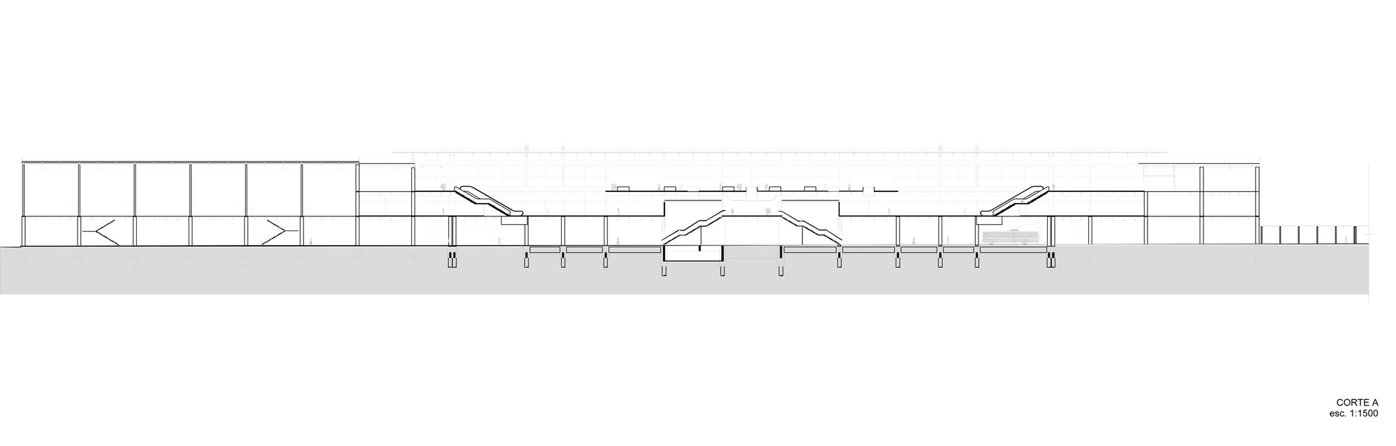 Long section drawing of a wide building with a central sunken atrium, crossing escalators and a large glazed volume at the left end