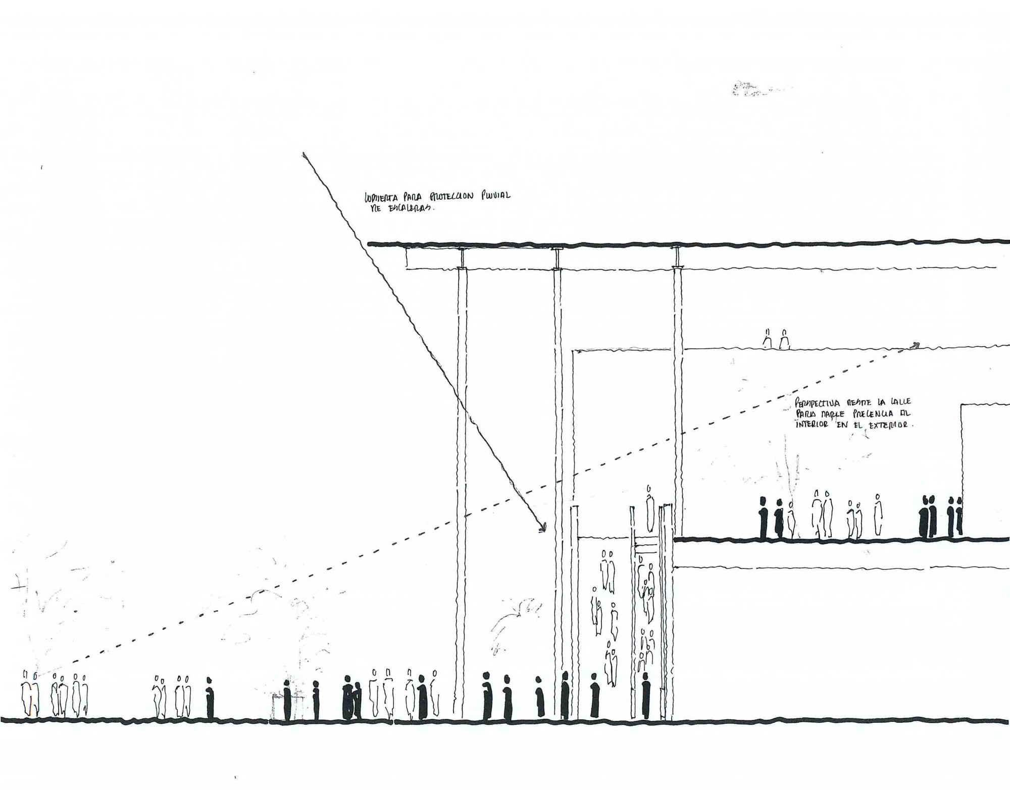 Hand-drawn section sketch of a tall columned canopy sheltering figures at street level, with a dashed sightline rising toward an upper floor