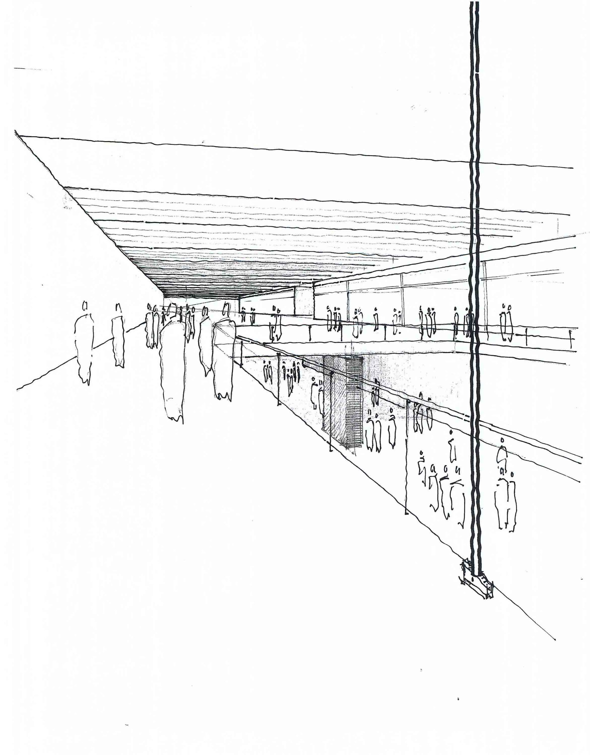 Perspective sketch of a covered concourse with a ribbed ceiling, glass-railed mezzanine, a single tall column and people walking along it
