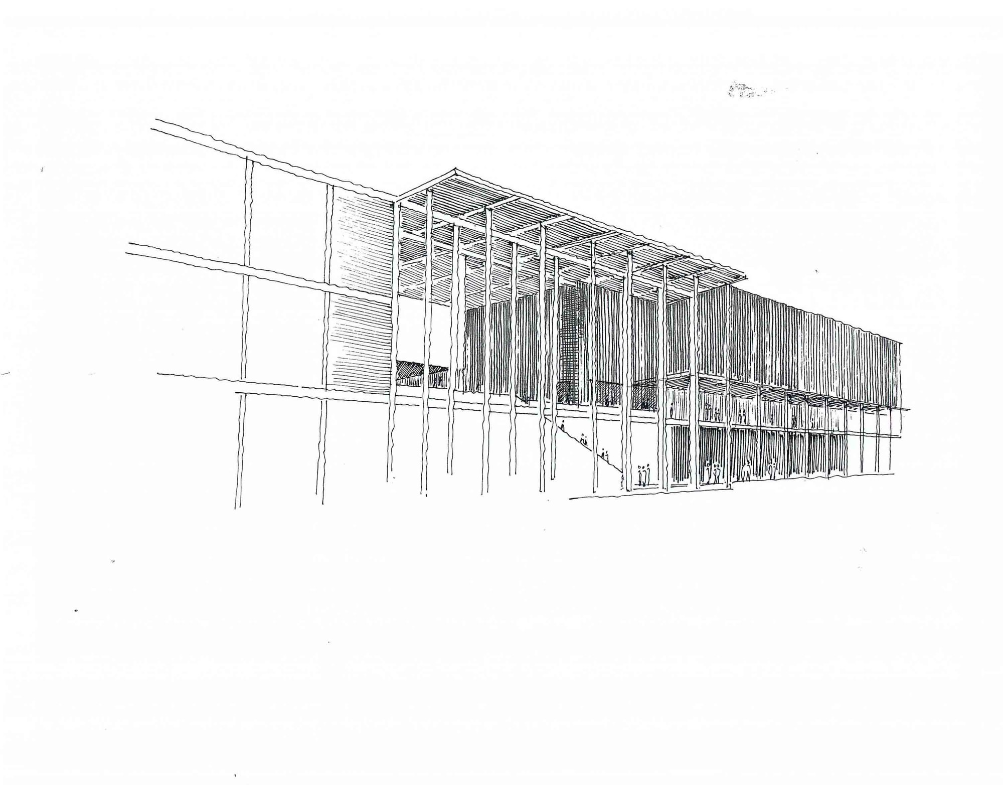 Perspective sketch of a long facade of slender vertical posts and slatted screens beneath a lightweight louvered roof canopy, with small figures at the base