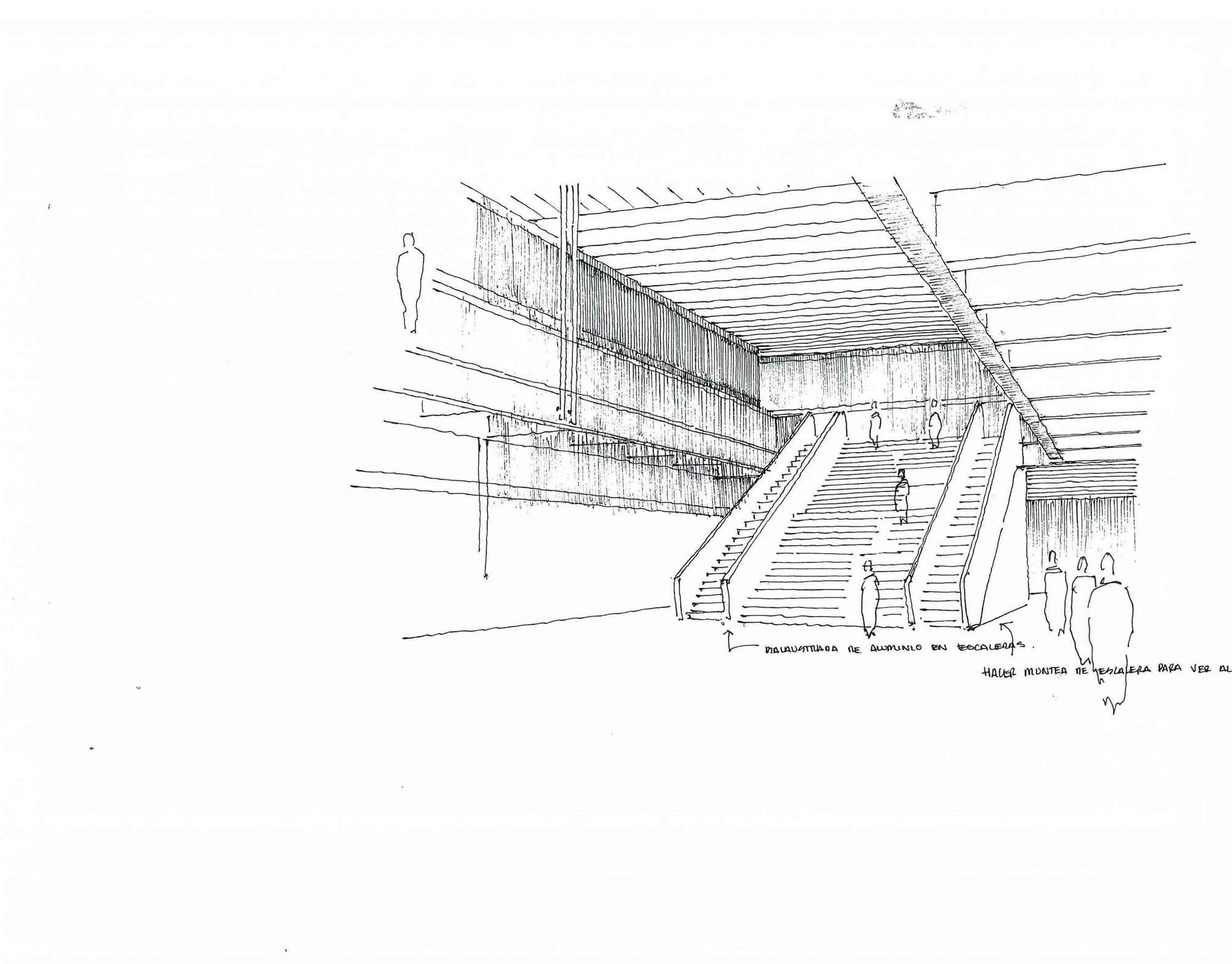 Perspective sketch of a wide concrete staircase with side walls rising through a ribbed ceiling, with figures on the steps and handwritten notes
