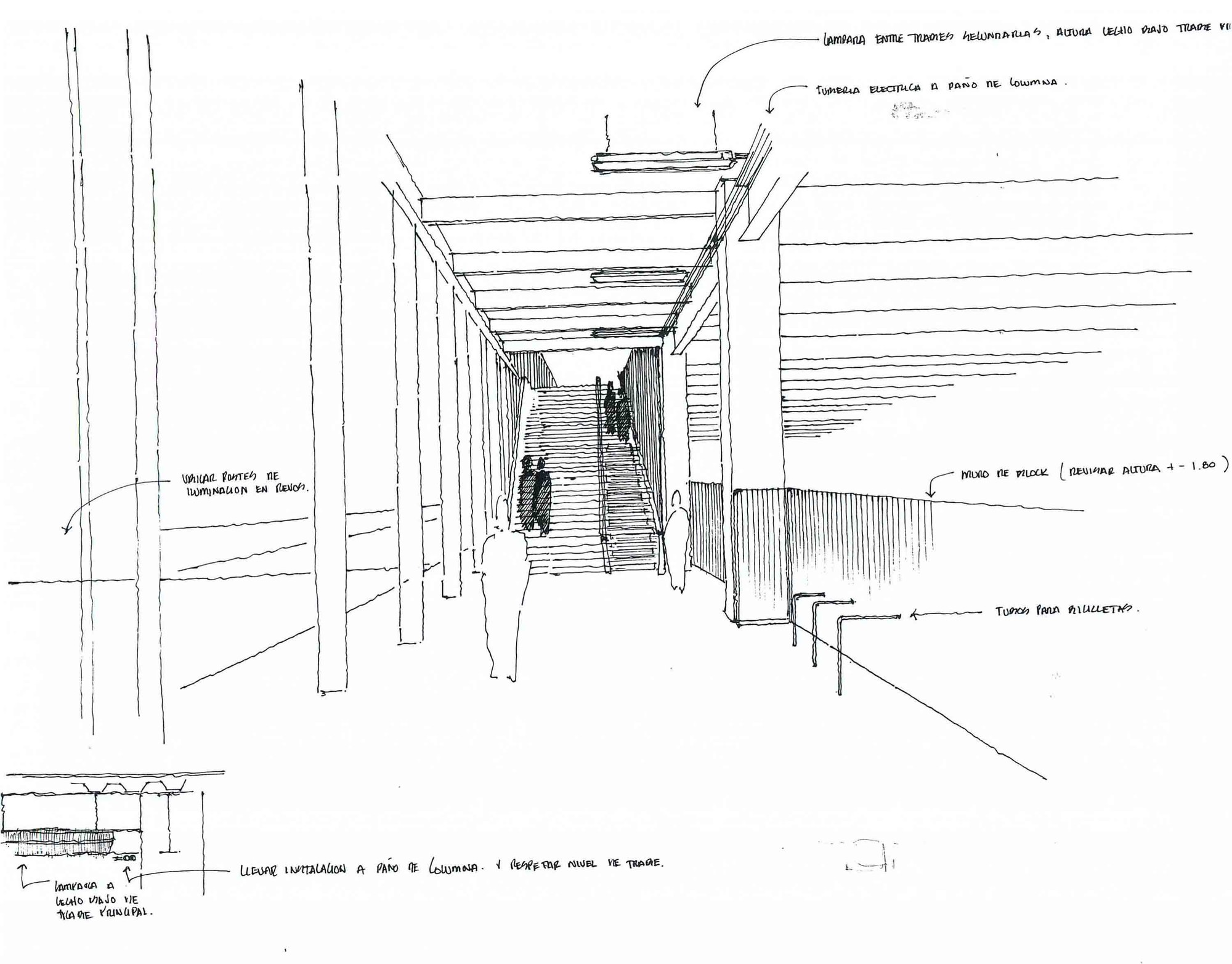 Perspective sketch of a covered walkway with columns leading to a staircase, with handwritten notes on lighting, a block wall and bicycle tubes