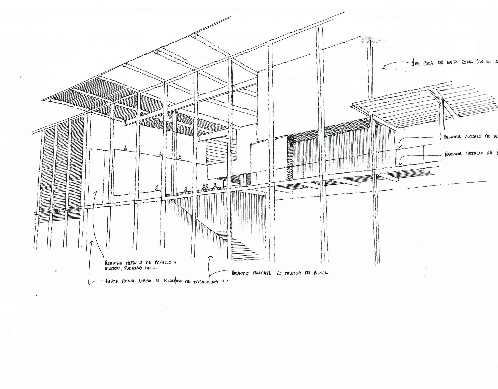 Interior perspective sketch of a slatted timber roof on tall columns, a mezzanine walkway and a stair, annotated with handwritten notes