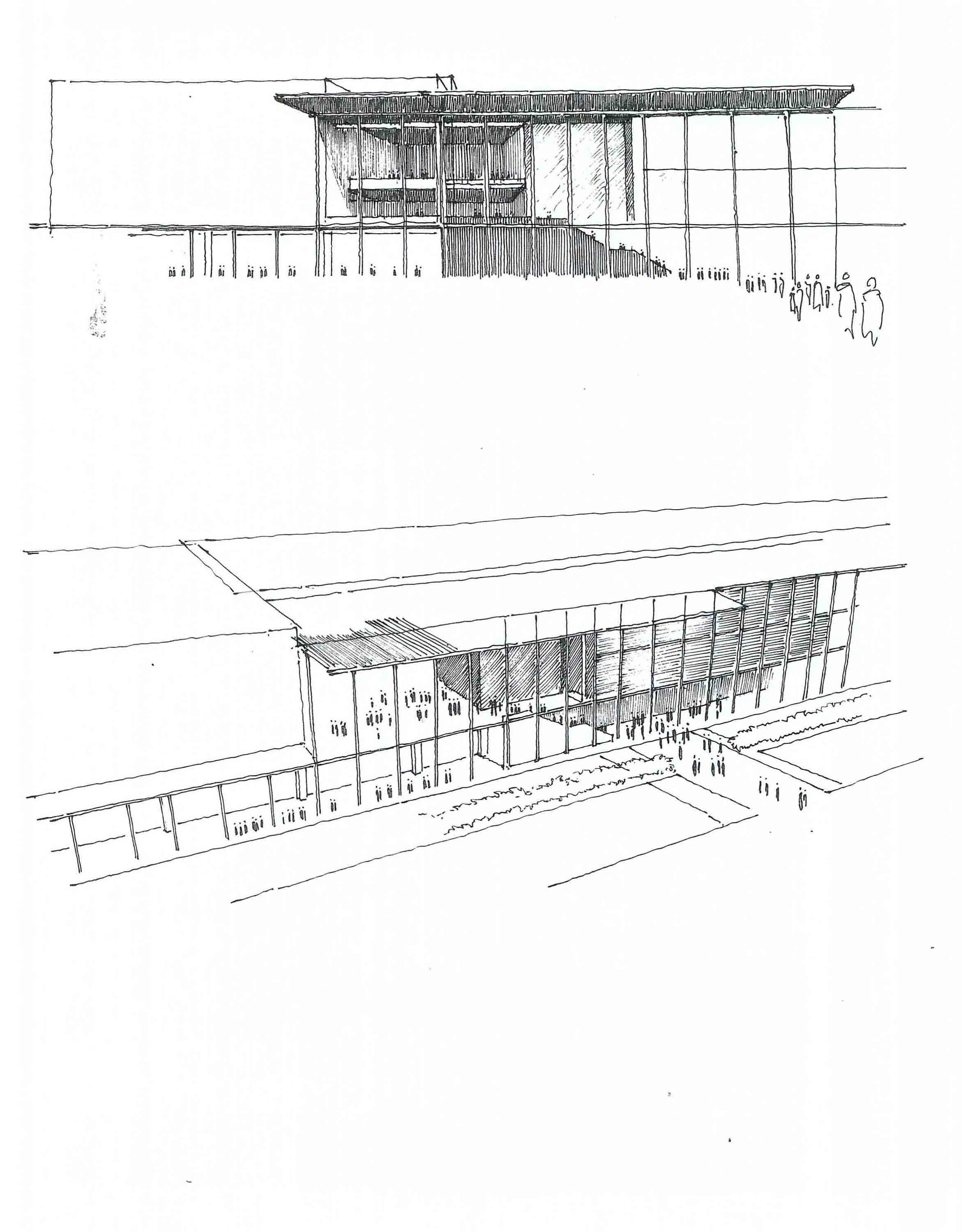 Two sketches of a long building with a deep cantilevered roof, one elevation and one aerial view, with small figures gathering at the entrance