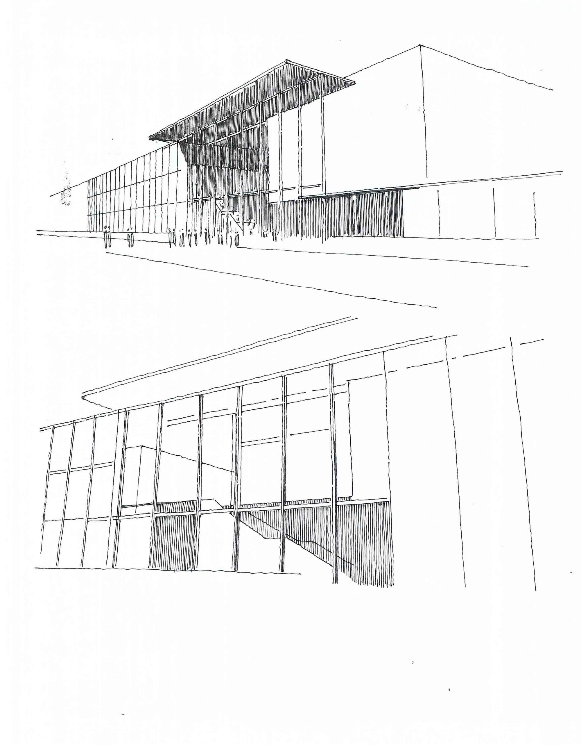 Two perspective sketches of a glazed entrance facade with a projecting slatted canopy, thin columns and a stair rising behind the glass