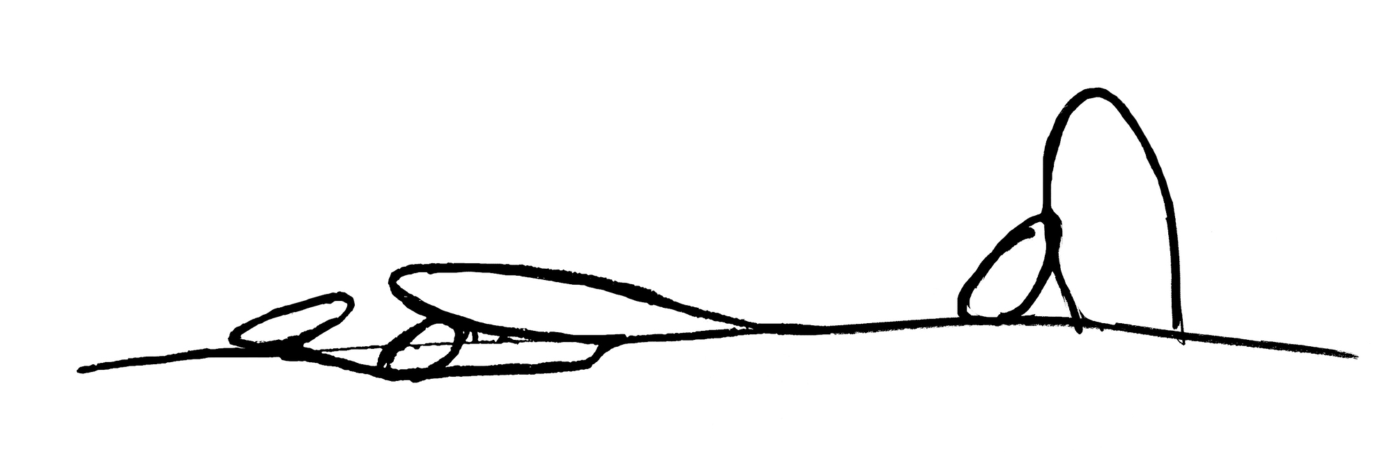 Loose ink sketch of low oval volumes and one tall egg-shaped form rising from a gently rolling ground line