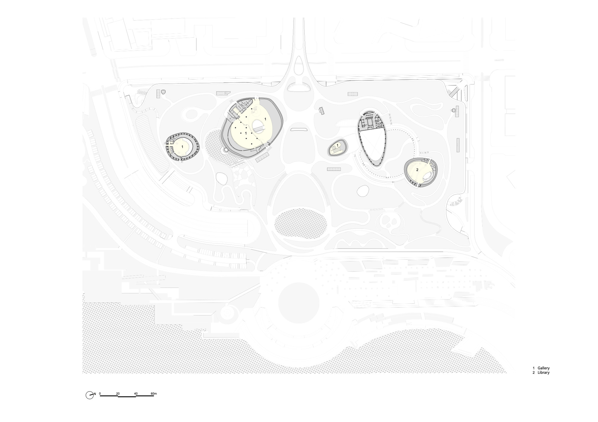 Site plan drawing showing oval pavilions scattered across a landscaped park, with the gallery and library labelled in a legend