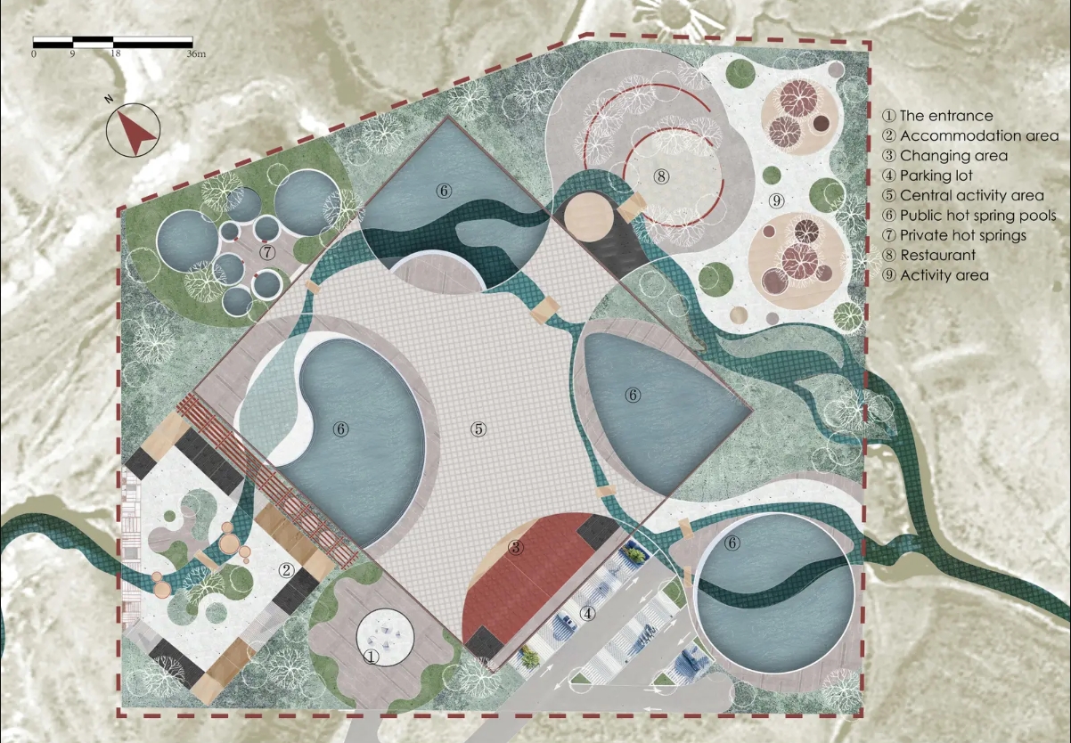 Site plan drawing showing a rotated square plaza ringed by four hot spring pools, an entrance, parking and a winding stream. Image: Cheryl Han