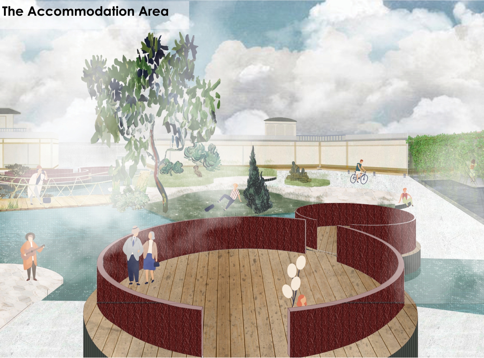 Perspective rendering of a circular timber deck with maroon curved walls beside a steaming pool under a cloudy sky. Image: Cheryl Han