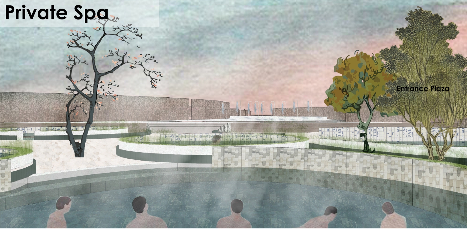 Perspective rendering of bathers seated in a private spa pool with stone-clad planters and trees against a pink dusk sky. Image: Cheryl Han