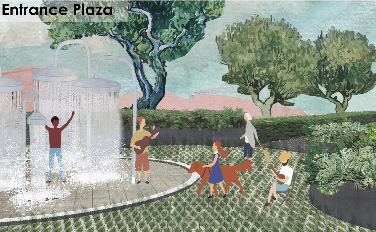Rendering of overhead shower fixtures on a circular paved plaza where a child plays and a dog walker passes by. Image: Cheryl Han