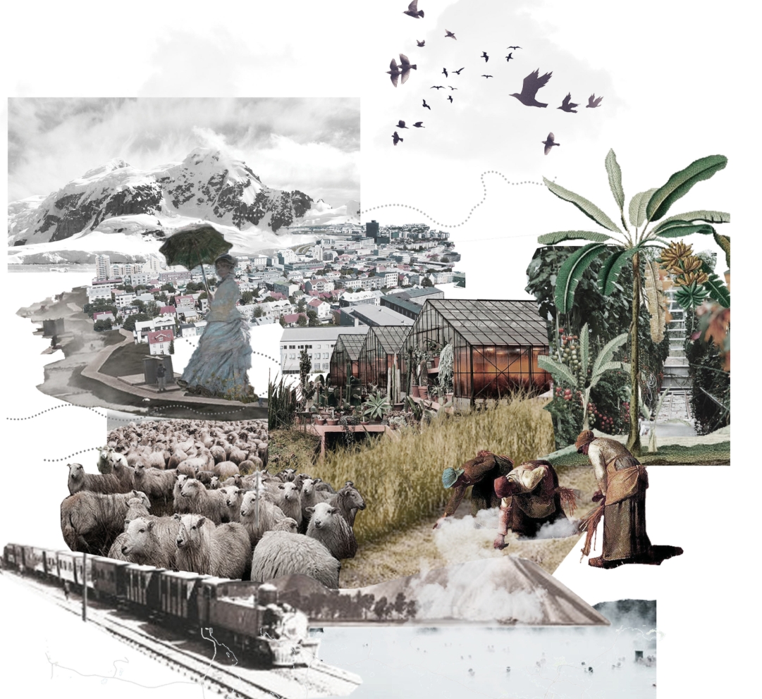 Collage of snowy mountains, town rooftops, greenhouses, sheep, a steam train and workers raking salt beside a steaming lagoon. Image: Cheryl Han