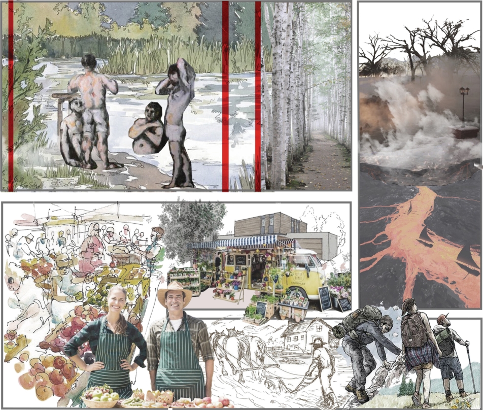 Collage panels of bathers by a reedy pond, a birch lined path, a lava flow, a market stall and hikers. Image: Cheryl Han