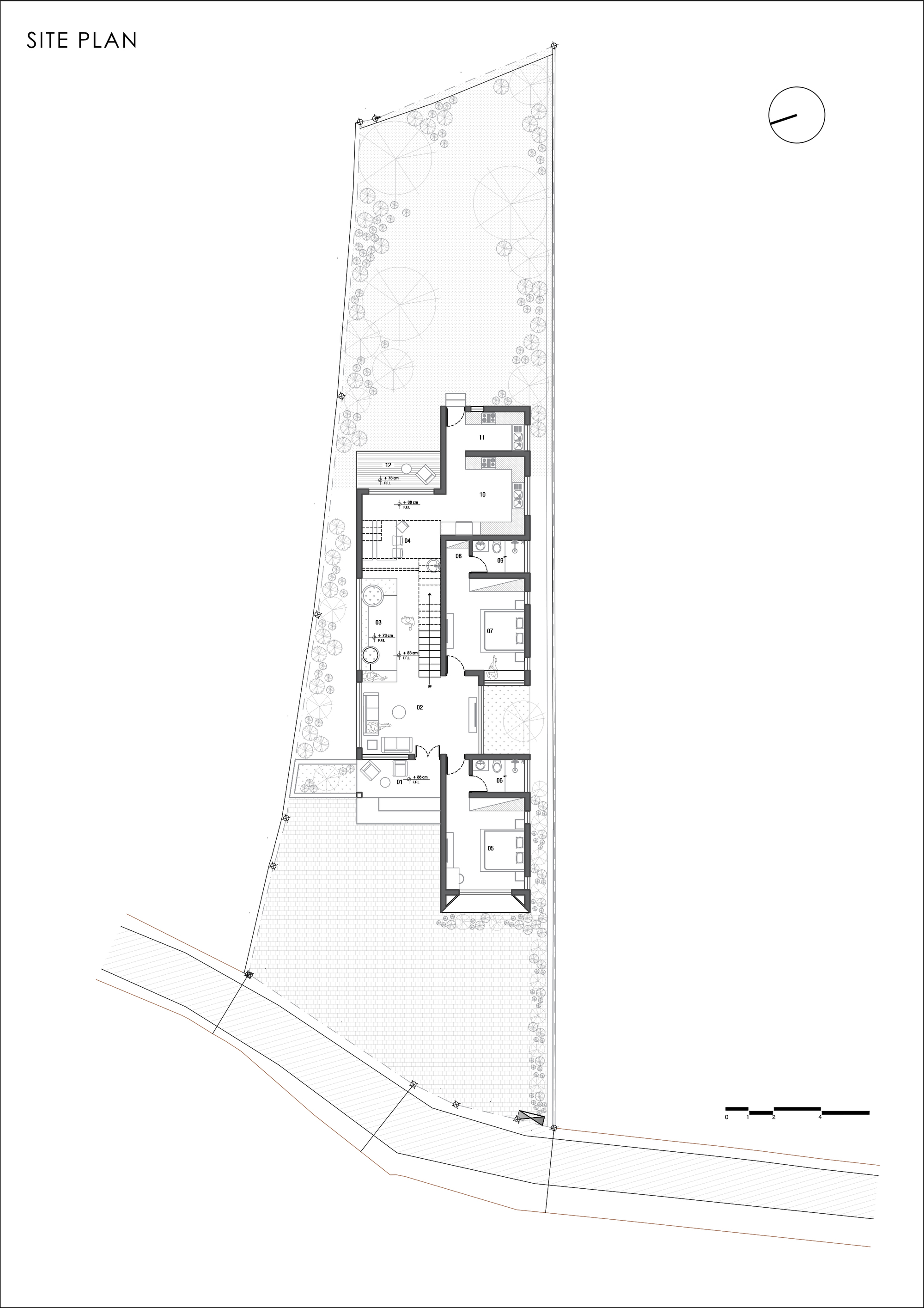 Site plan drawing of a narrow tapering plot with a linear house, surrounding trees, a north arrow and a curving road along the bottom