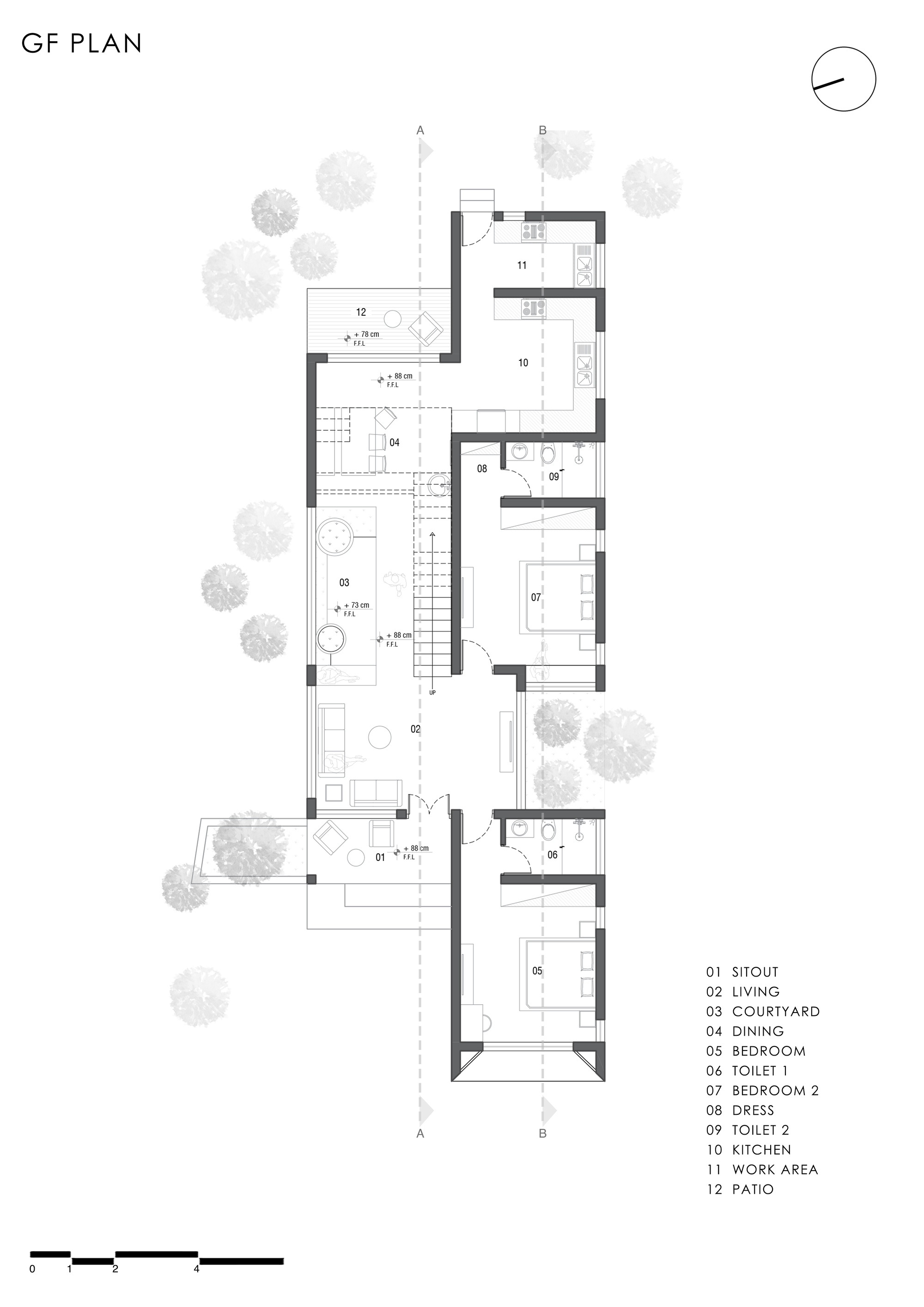 Ground floor plan drawing showing a narrow house with sitout, living room, central courtyard, dining, two bedrooms, kitchen and patio among scattered trees