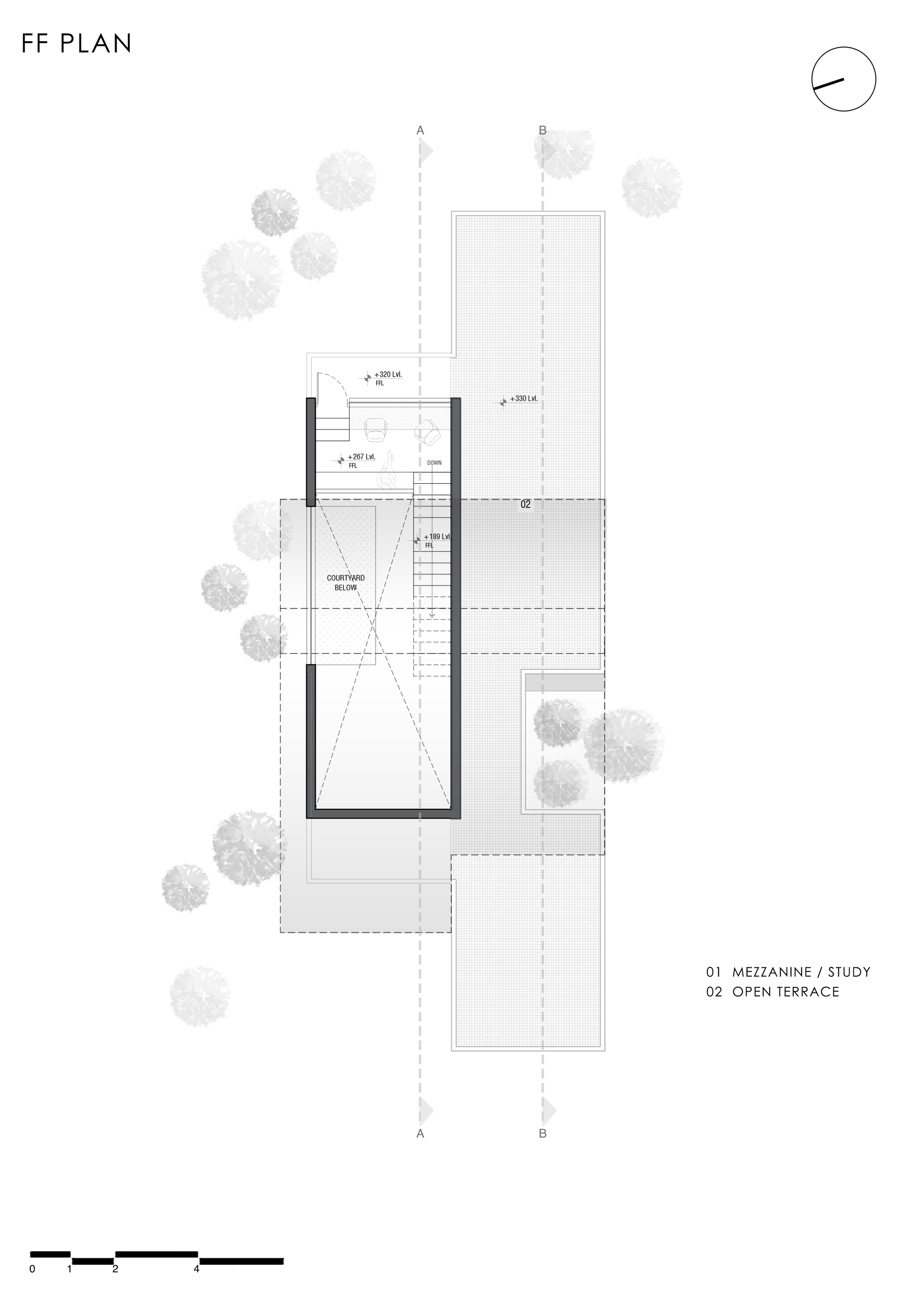 First floor plan drawing showing a mezzanine study beside the courtyard void and a large open terrace with trees around it