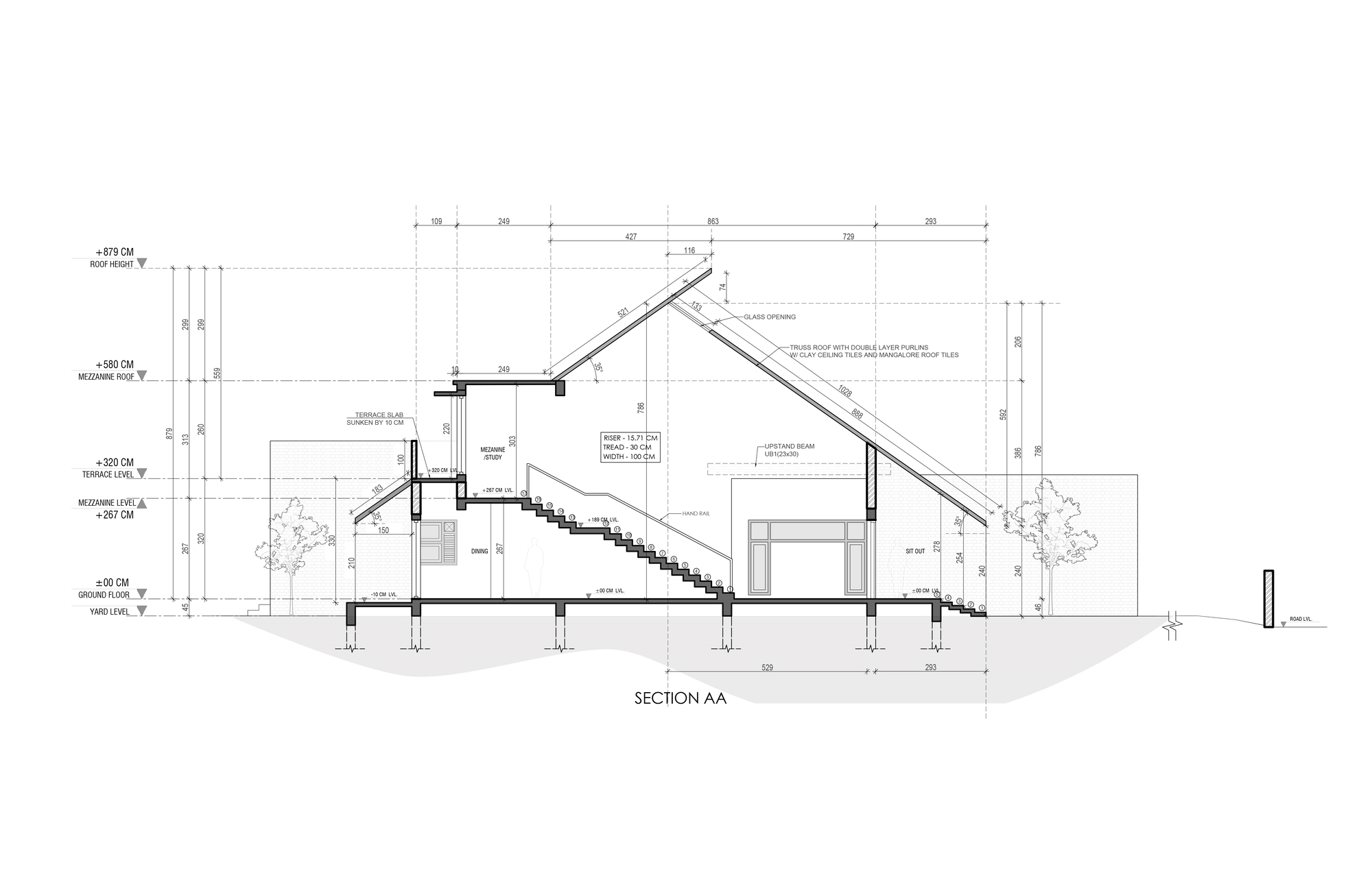 Section AA drawing showing the steep pitched tile roof, staircase rising from the dining area to the mezzanine, and a glass opening