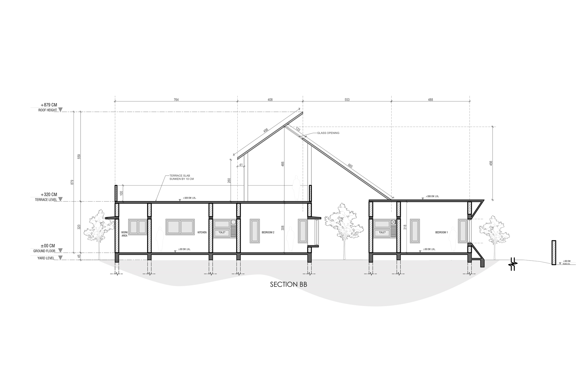 Section BB drawing cutting through work area, kitchen and bedrooms, with a pitched roof and glass opening rising above the flat terrace slab