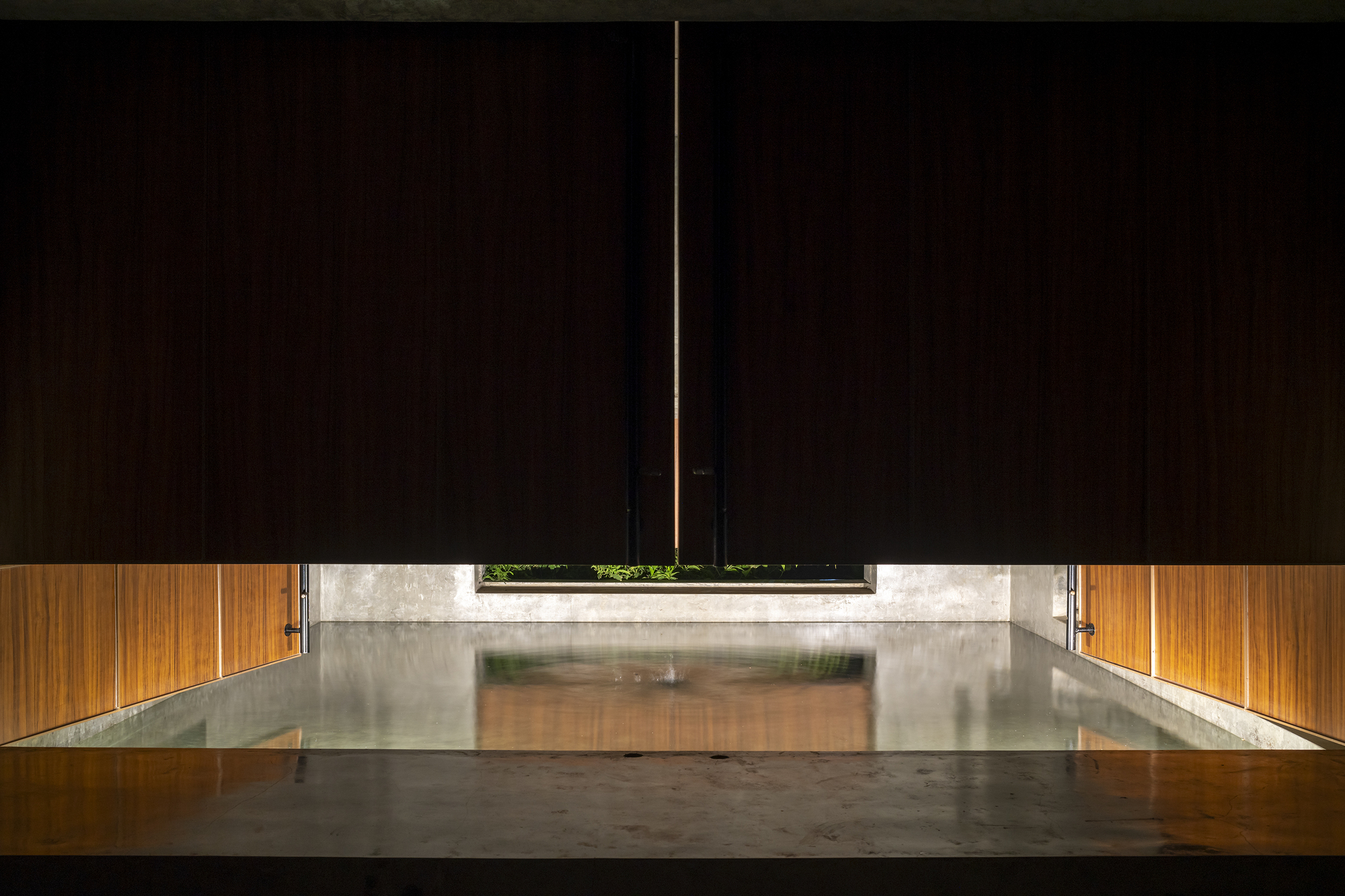 Dark timber shutters above a shallow reflecting pool, with a strip of green plants glowing in the window at night