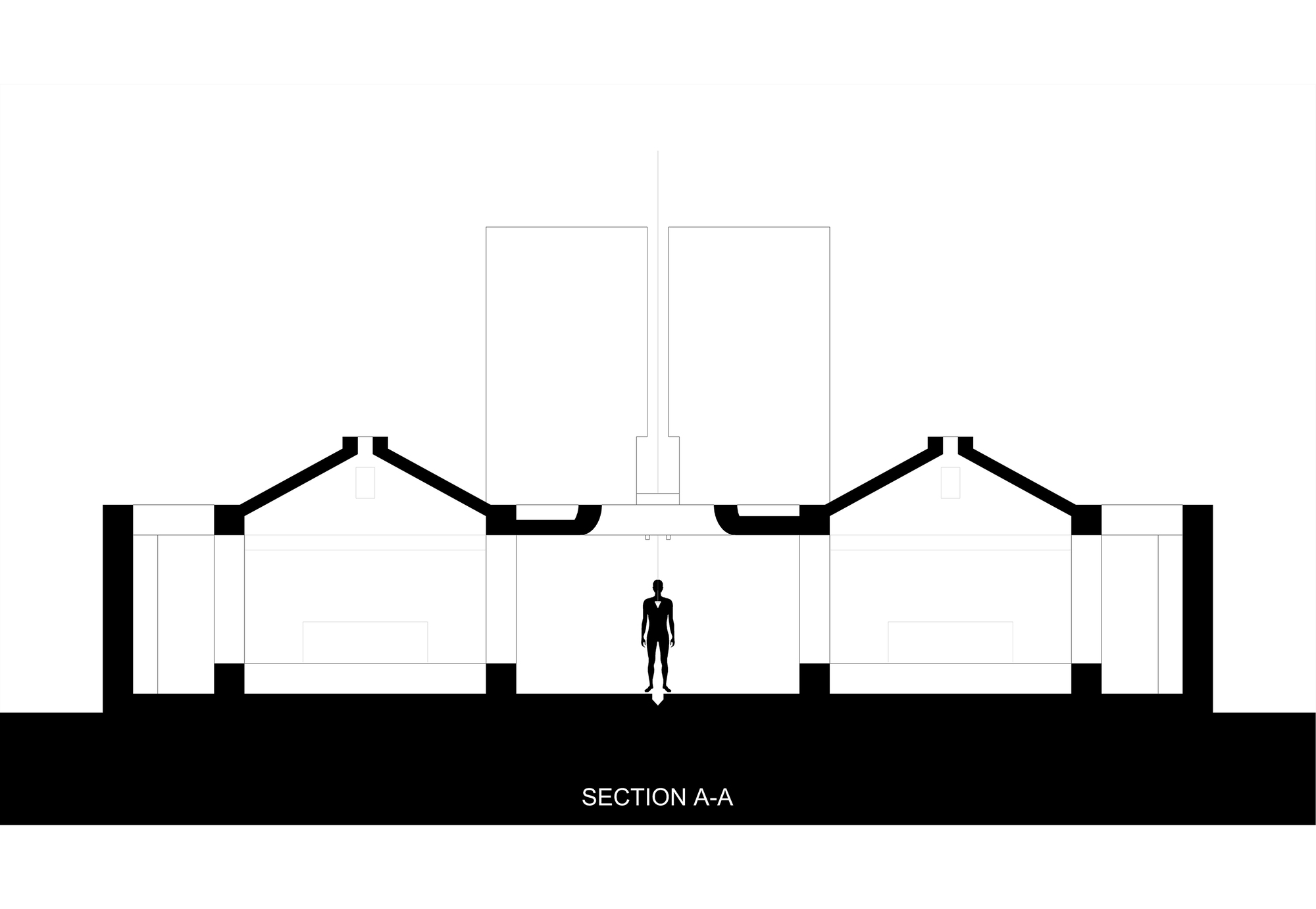 Section A-A drawing showing two pitched-roof wings either side of a central passage, with a standing human figure and the split tower above