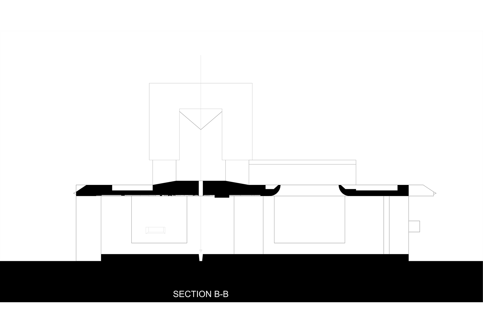 Section B-B drawing cutting through the central tower, with a triangular opening above a long low roof slab and rooms below