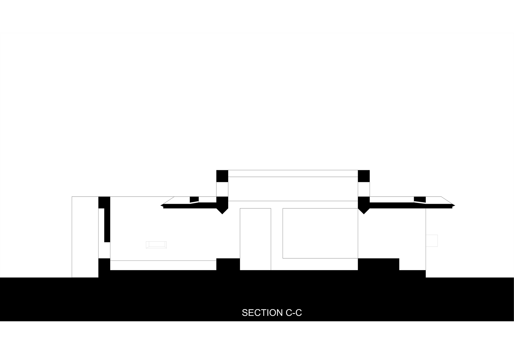 Section C-C drawing showing a low building with projecting roof slabs, a raised central volume and rectangular openings in the walls