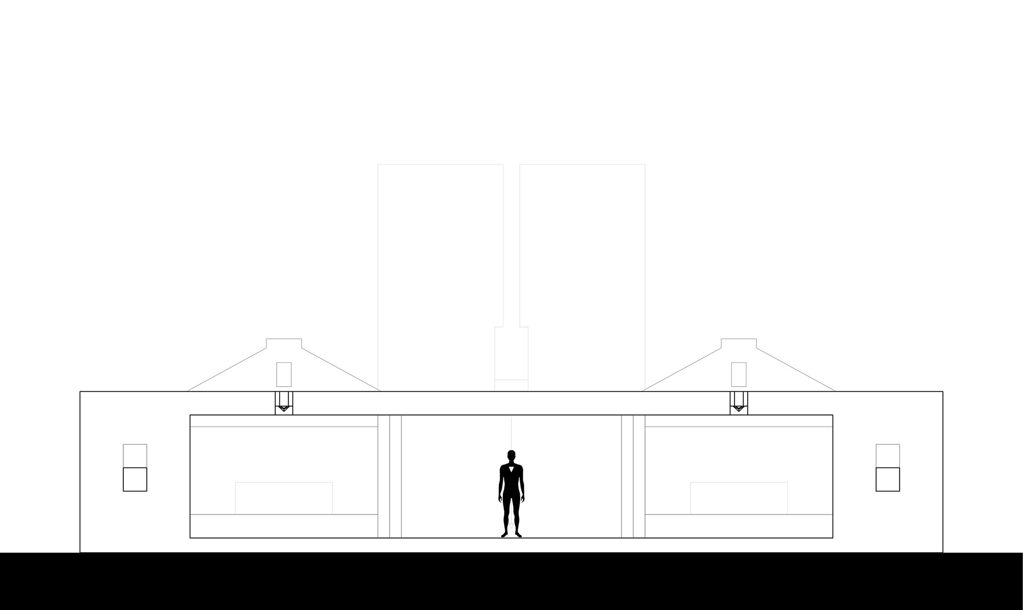 Section drawing of a low flat-roofed building with two skylit side rooms and a central void, a black human silhouette standing for scale