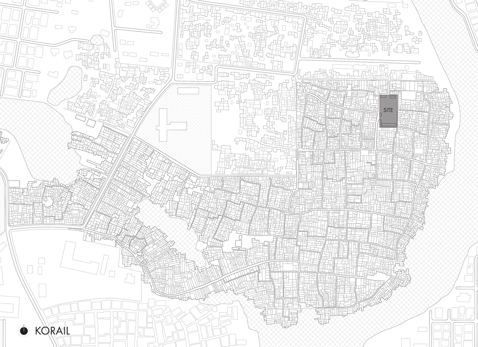 Site plan drawing of a dense settlement with a highlighted site block in the upper right, ringed by open land and water