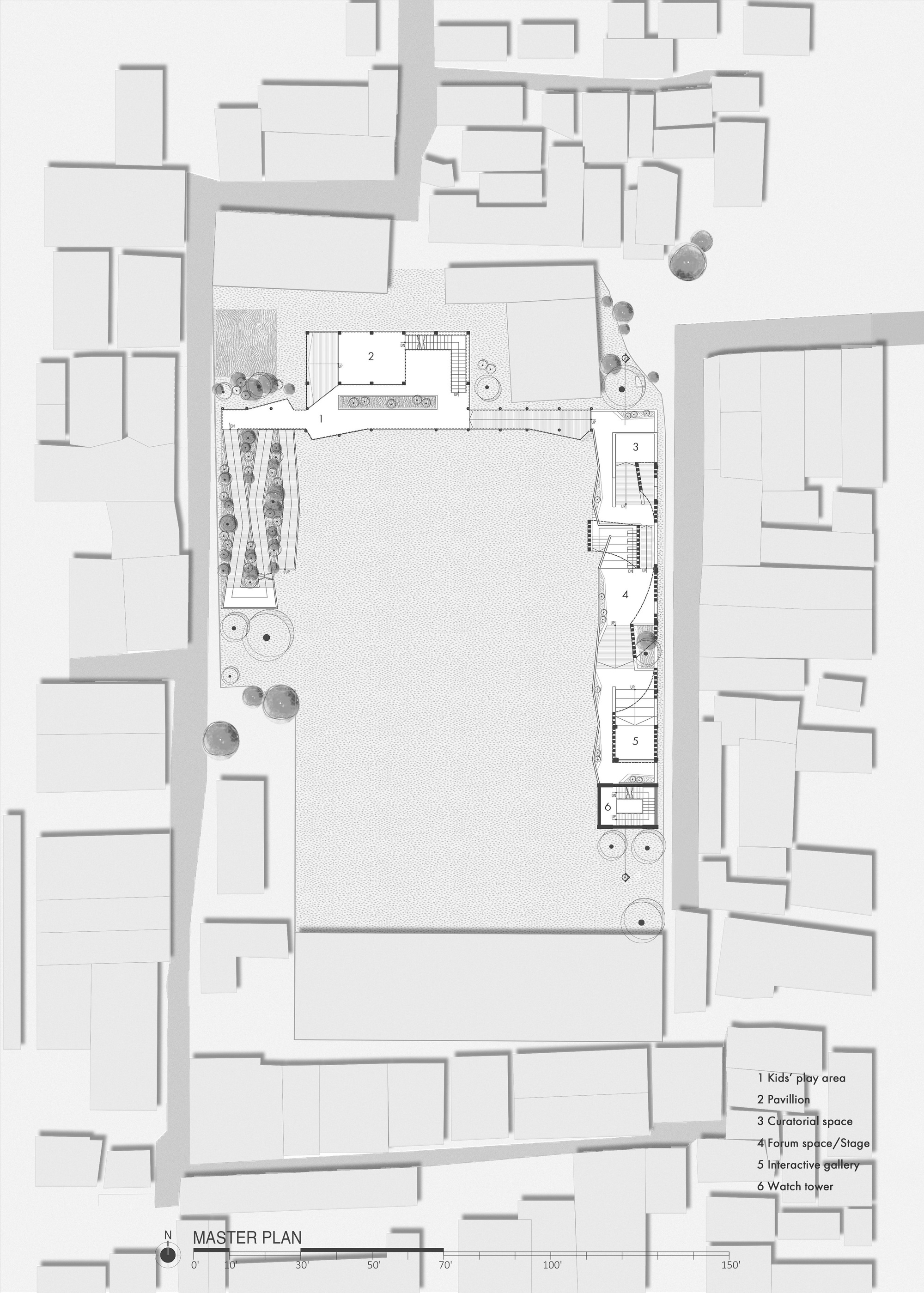 Master plan drawing of a long narrow building along the edges of a large open courtyard, surrounded by dense neighbouring buildings and trees