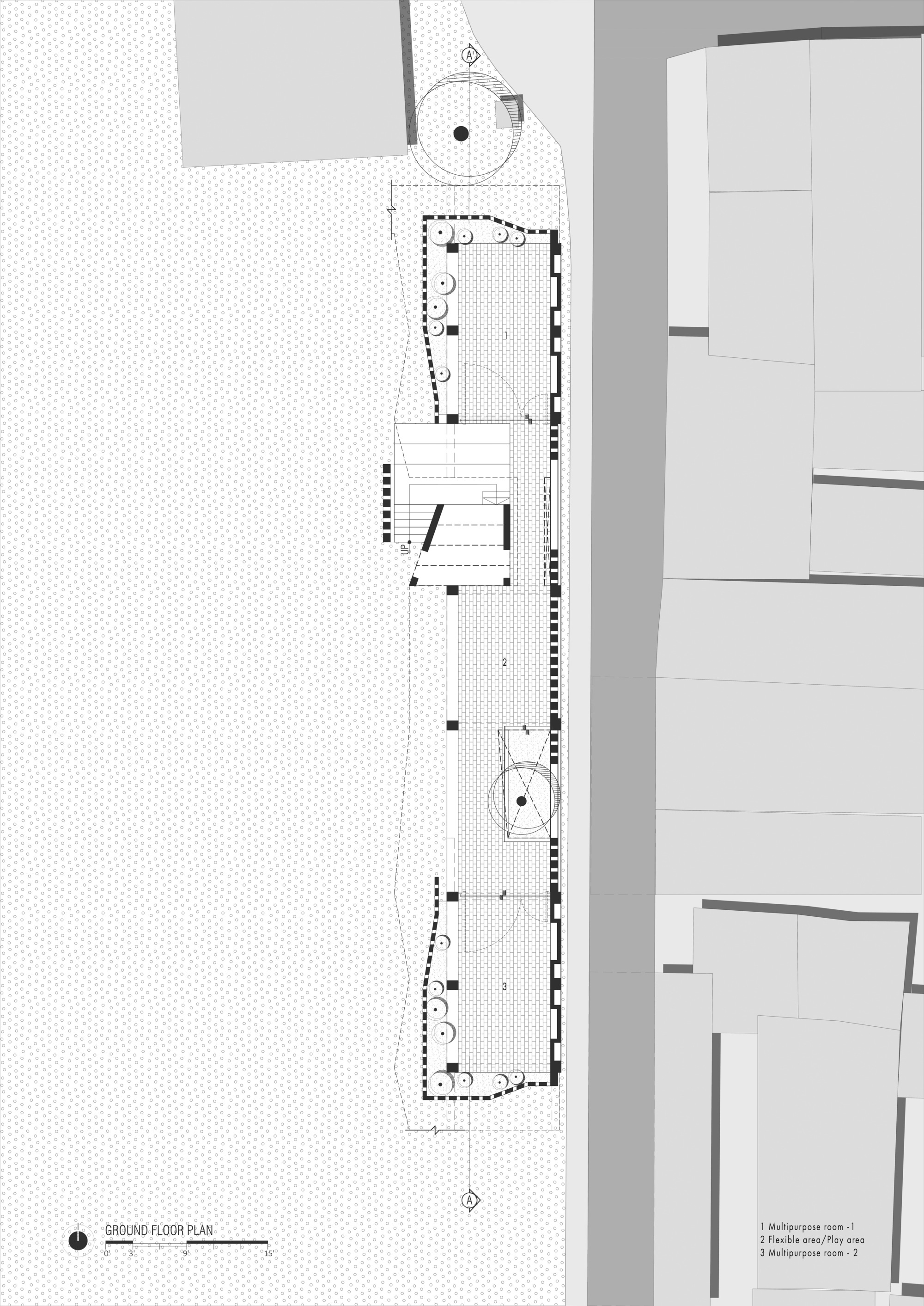 Ground floor plan drawing of a narrow linear building with three multipurpose rooms, a stair and a circular tree bed beside a lane