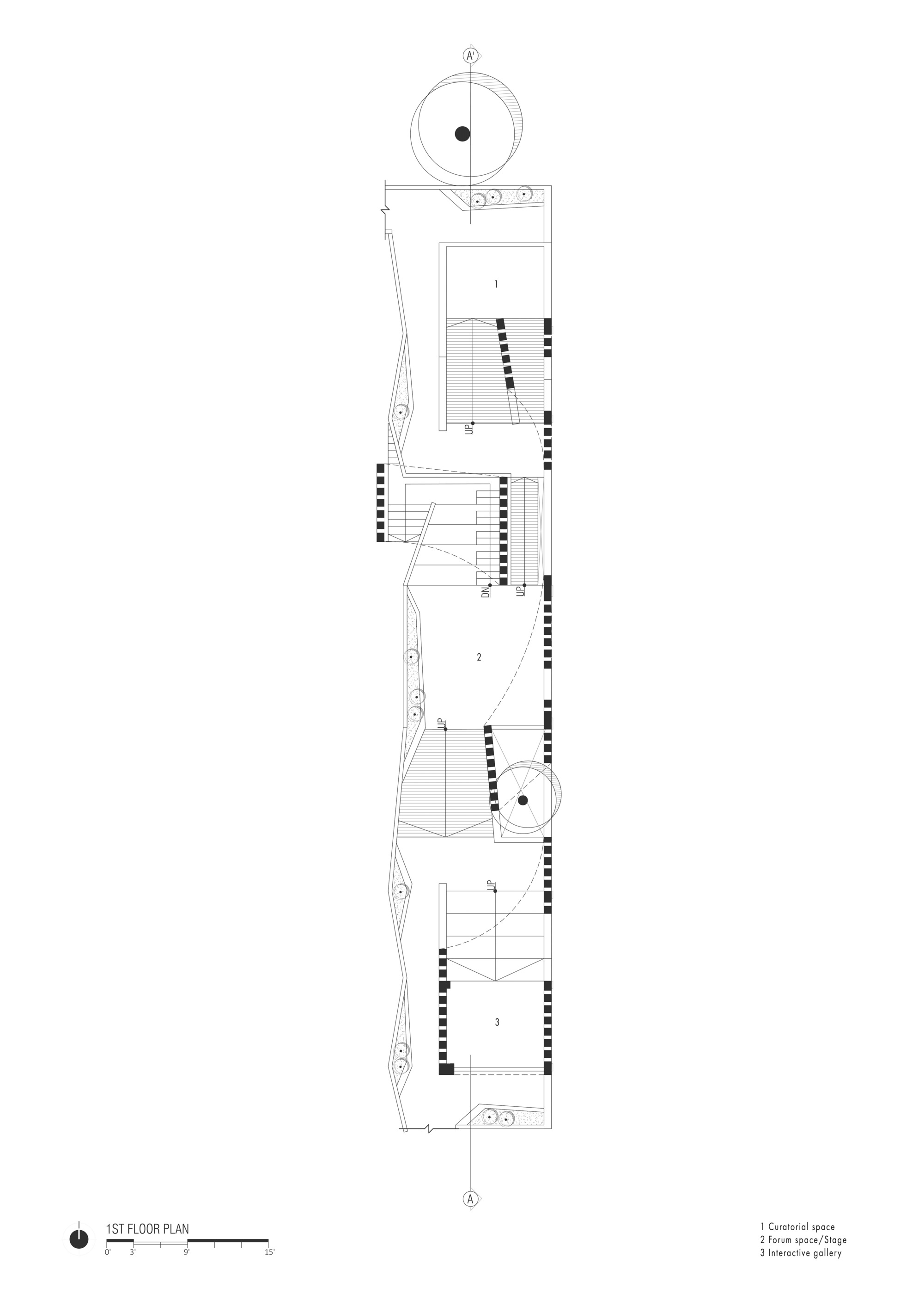 First floor plan drawing of a narrow linear building with curatorial space, forum stage and interactive gallery, flanked by two circular towers