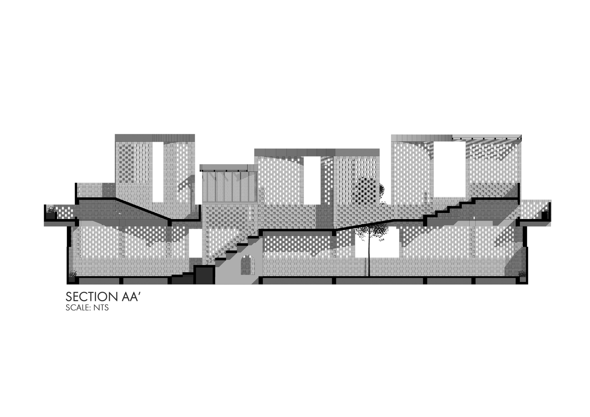 Section drawing through perforated brick walls, with ramps, stairs and a tree in an open court between stacked levels