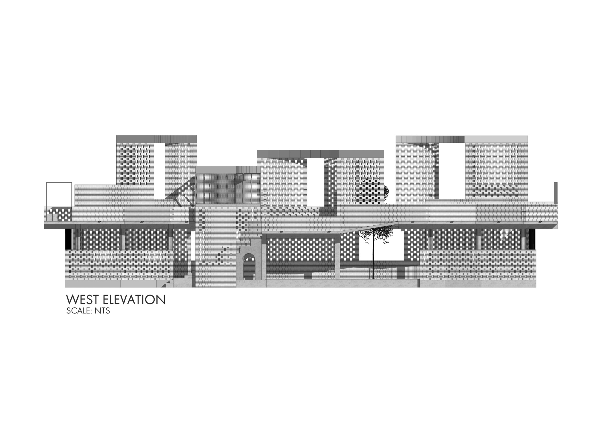 West elevation drawing of a perforated brick facade with staggered upper volumes, a central arched door and a tree