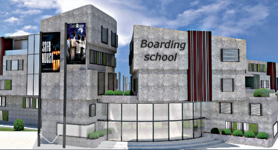 Rendered entrance front with curved glazed base, louvered windows and a red fin panel, flanked by two hanging banners under scattered clouds. Image: Hani Mansurnejad, saba ahmadikia, narges ahmadshoar, Shima Lotfi, parham banimahd