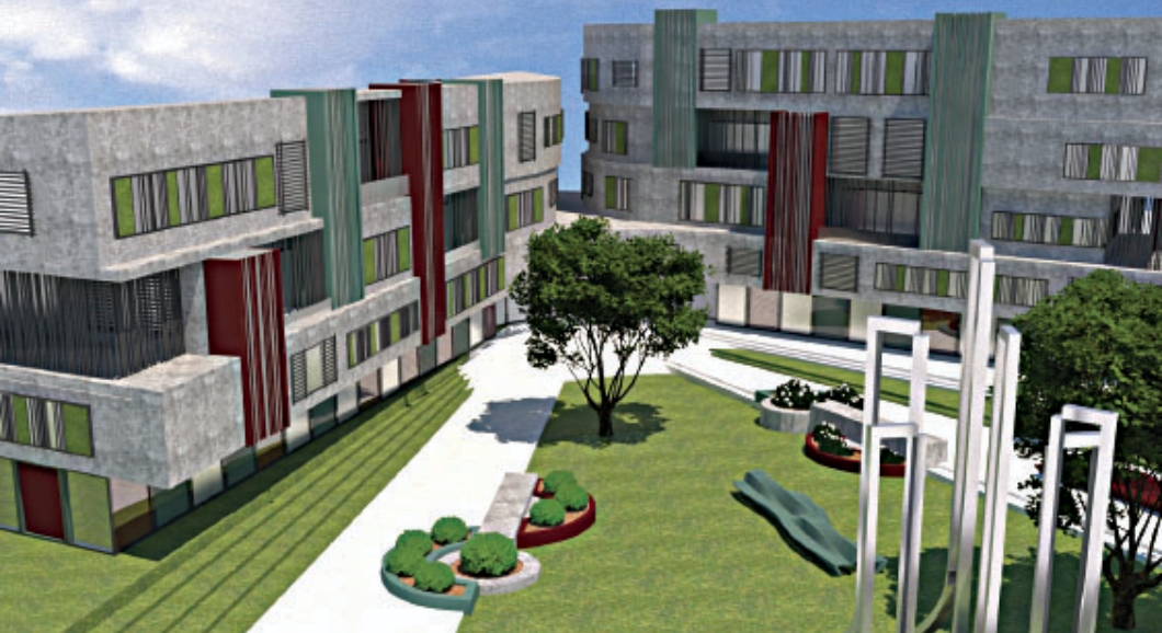 Rendered courtyard view of tiered concrete wings with green and maroon fins, a lone tree and round planters beside a pale path. Image: Hani Mansurnejad, saba ahmadikia, narges ahmadshoar, Shima Lotfi, parham banimahd