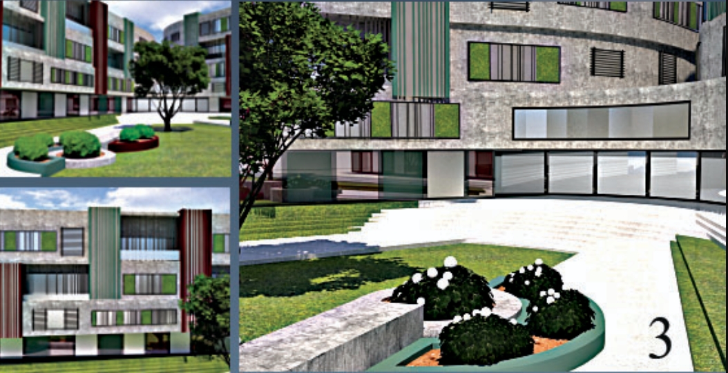 Collage of three rendered views showing a curved concrete facade, planted beds with white blossoms and grassy terraced steps in daylight. Image: Hani Mansurnejad, saba ahmadikia, narges ahmadshoar, Shima Lotfi, parham banimahd