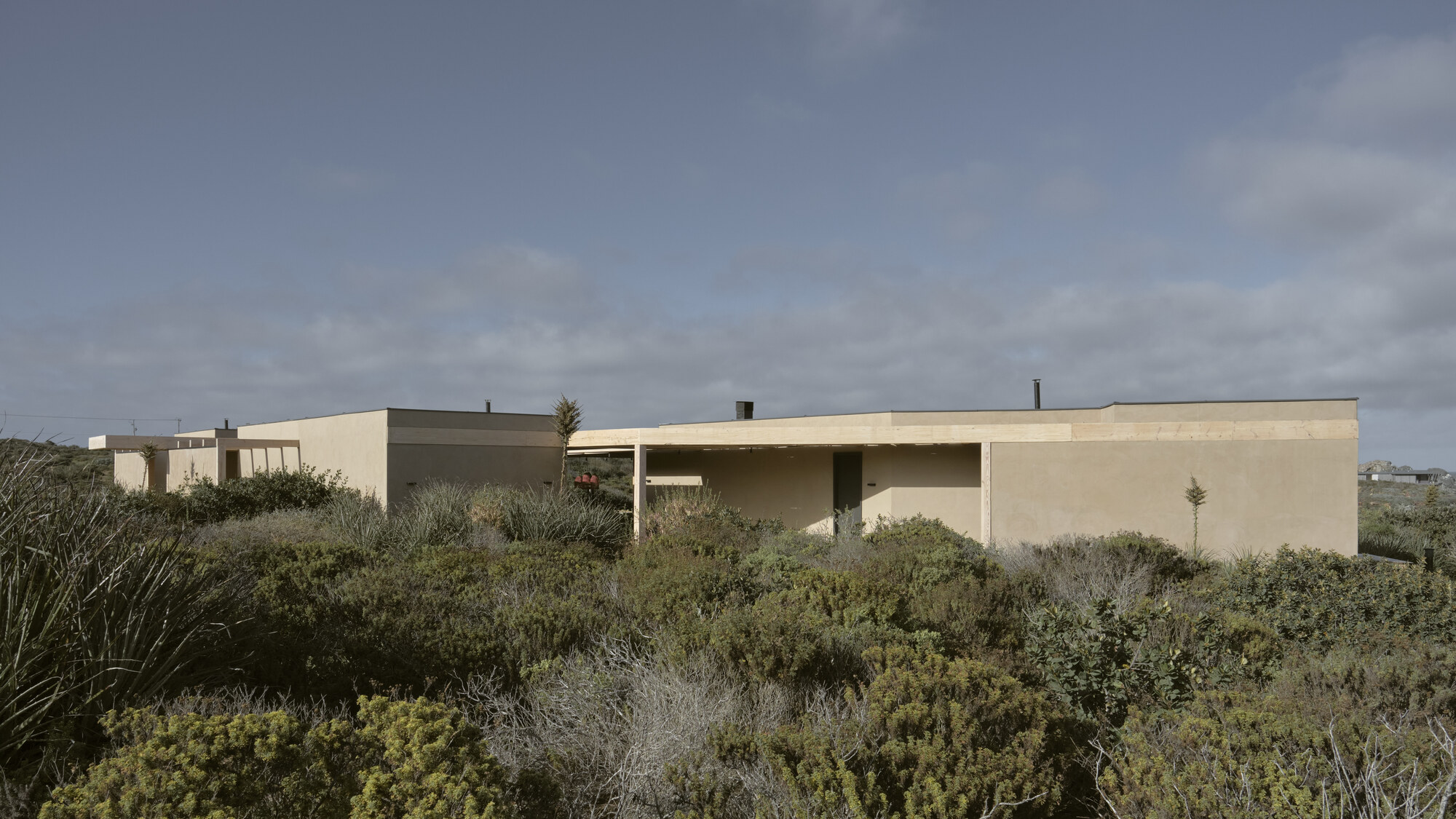 Two low earth-toned volumes with flat roofs and chimneys, half hidden in dune shrubs under a cloudy sky