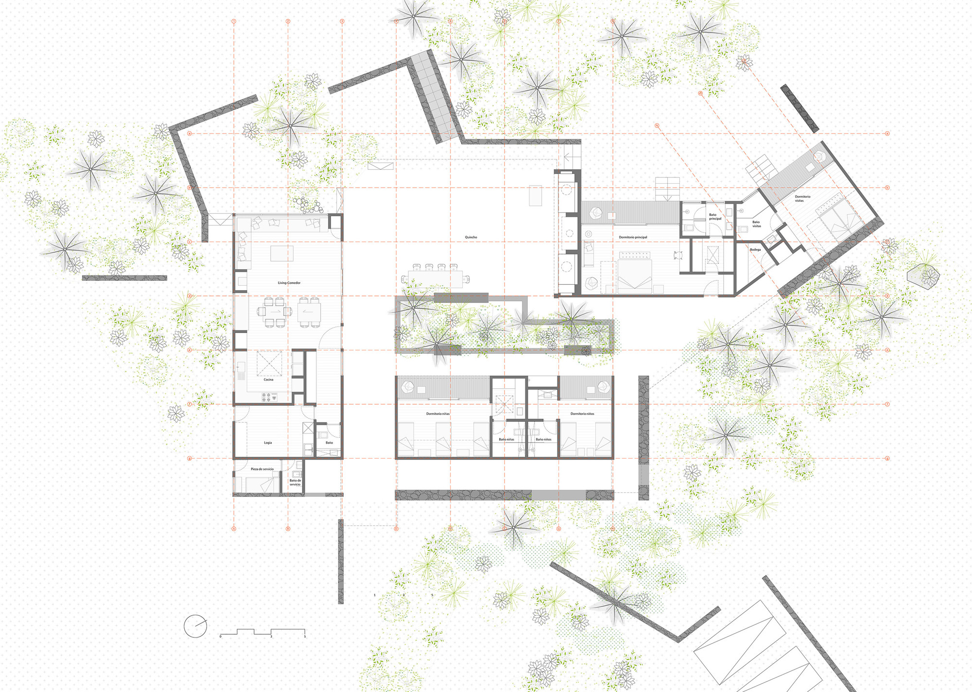 Floor plan drawing showing staggered single-story volumes around a central open space, with stone walls and scattered trees and shrubs on the site